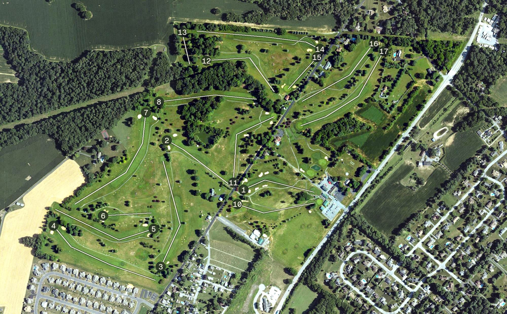 Aerial view of Fairview Golf Course, PA, with its hole routing marked
