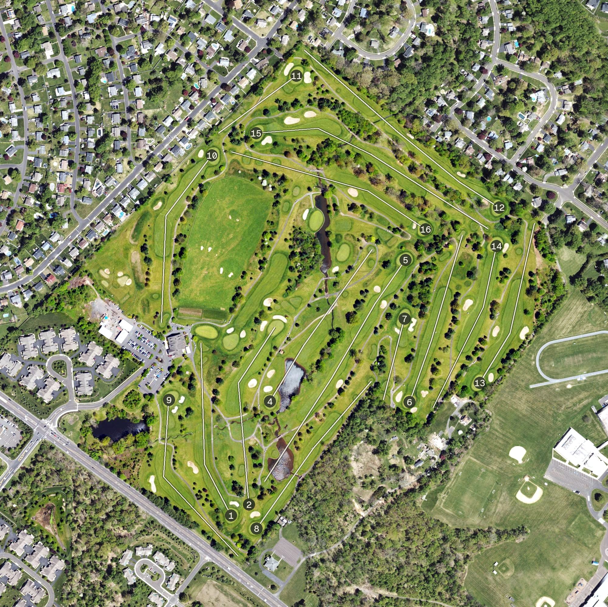 Aerial view of Five Ponds Gold Course, PA, with its hole routing marked