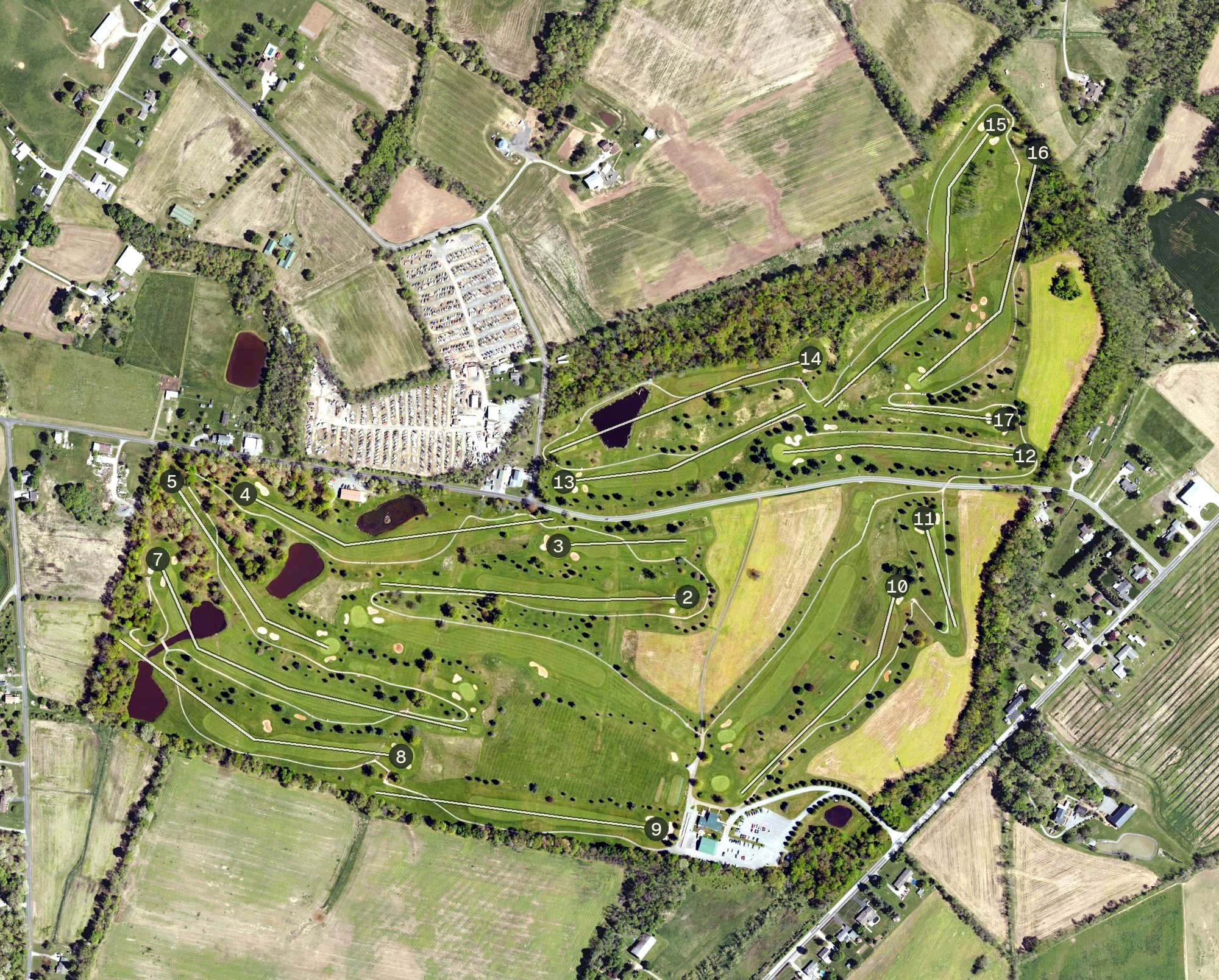 Aerial view of Flatbush Golf Course, PA, with its hole routing marked