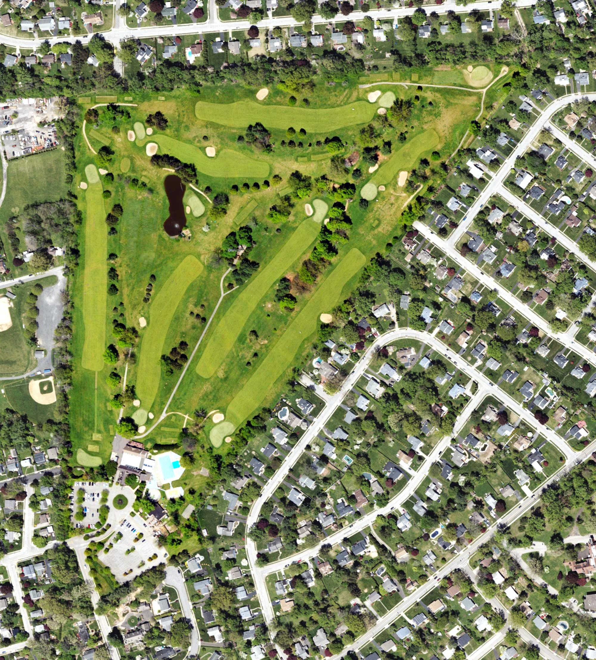 Aerial view of Flourtown Country Club, PA, with its hole routing marked