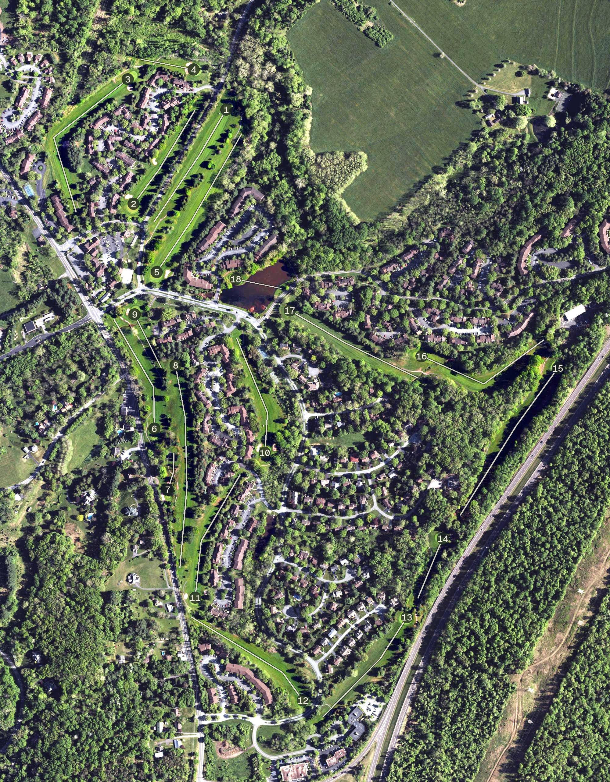 Aerial view of Flying Hills Golf Course, PA, with its hole routing marked