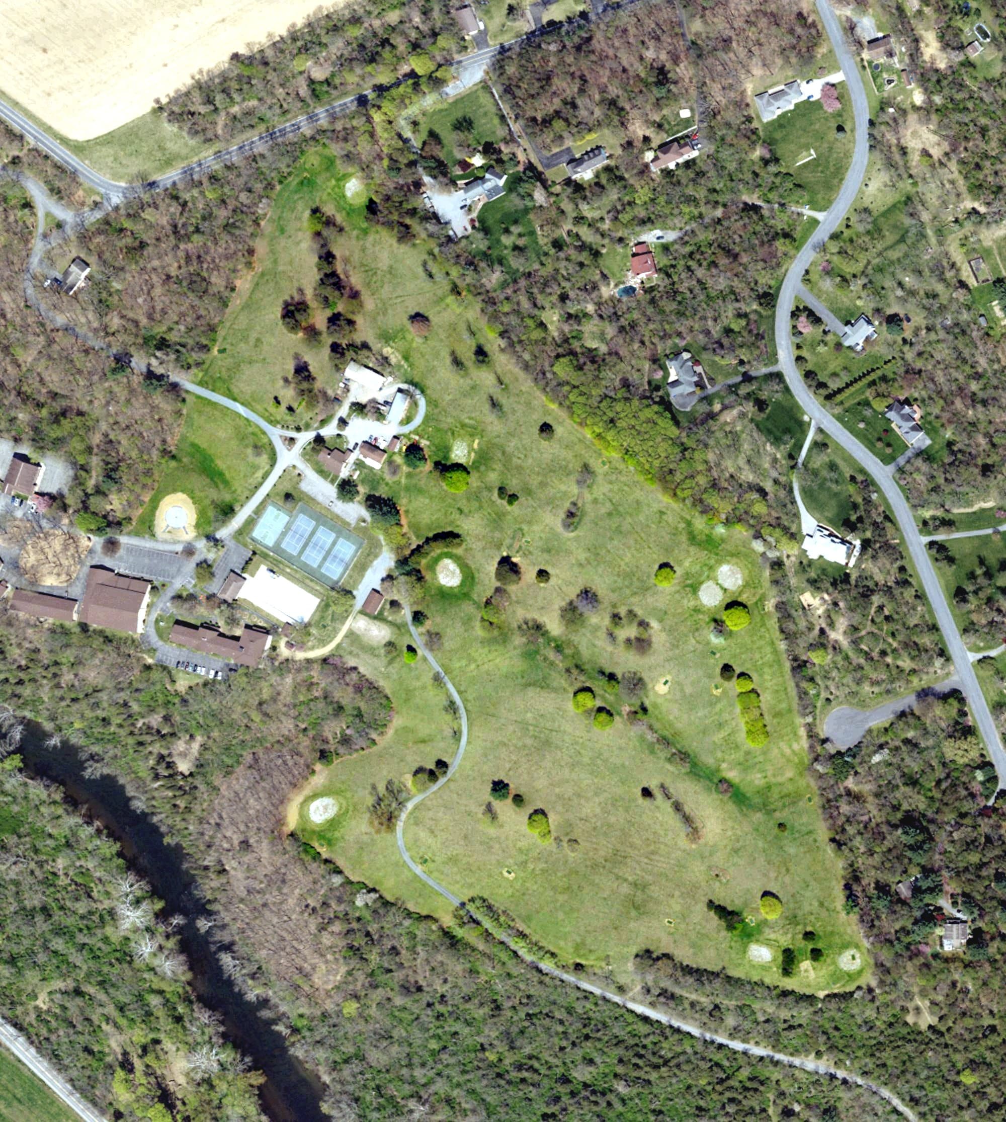 Aerial view of Forest Hills Golf Course, PA, with its hole routing marked