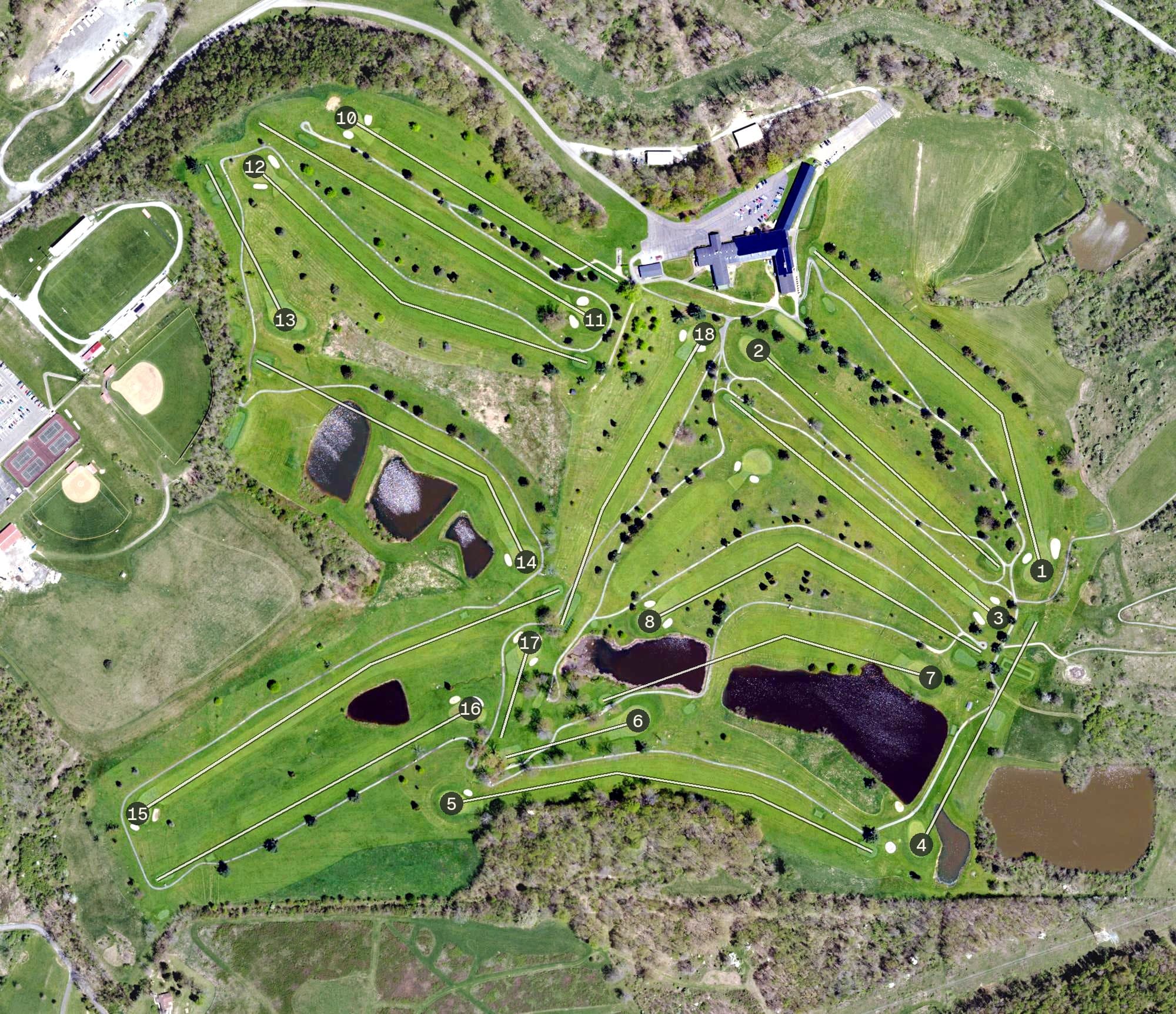 Aerial view of Fort Cherry Golf Club, PA, with its hole routing marked