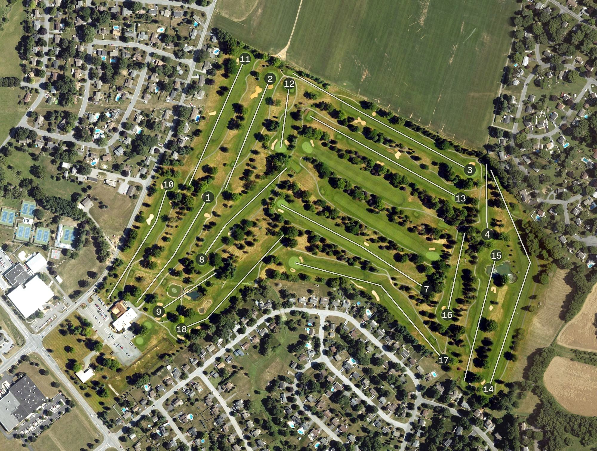 Aerial view of Four Season's Golf Course, PA, with its hole routing marked