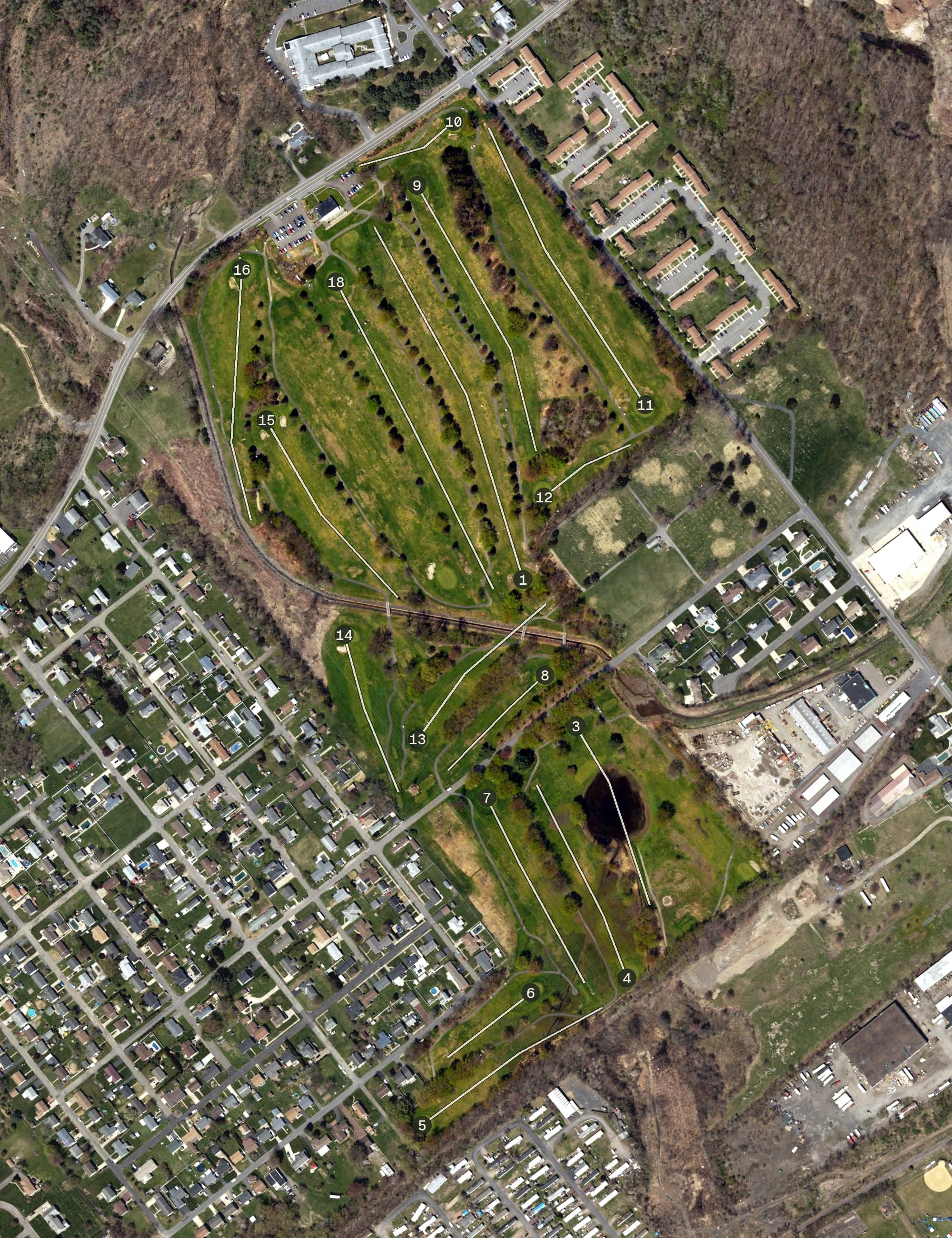 Aerial view of Four Seasons Golf Course, PA, with its hole routing marked
