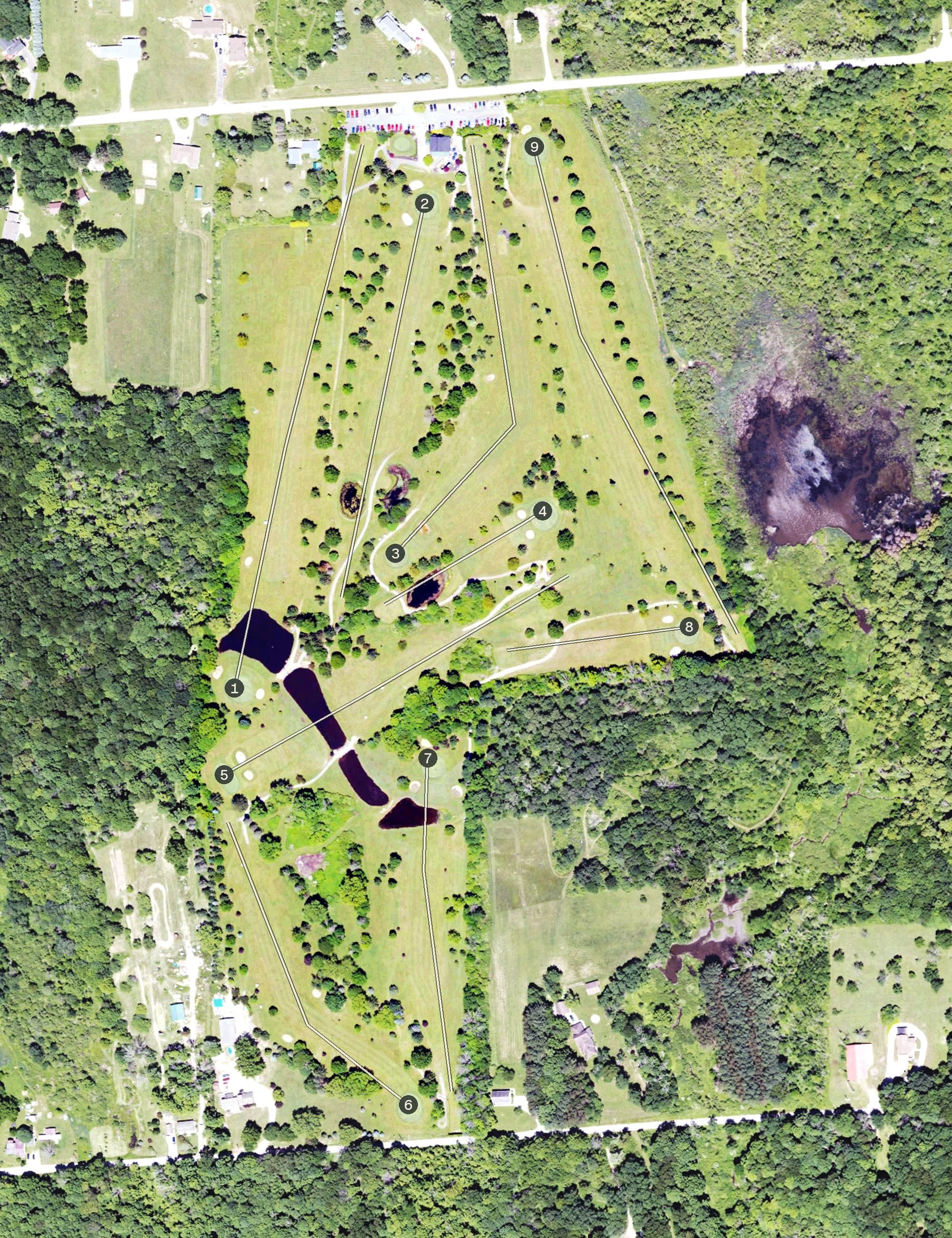 Aerial view of Fox Run Golf Course, PA, with its hole routing marked