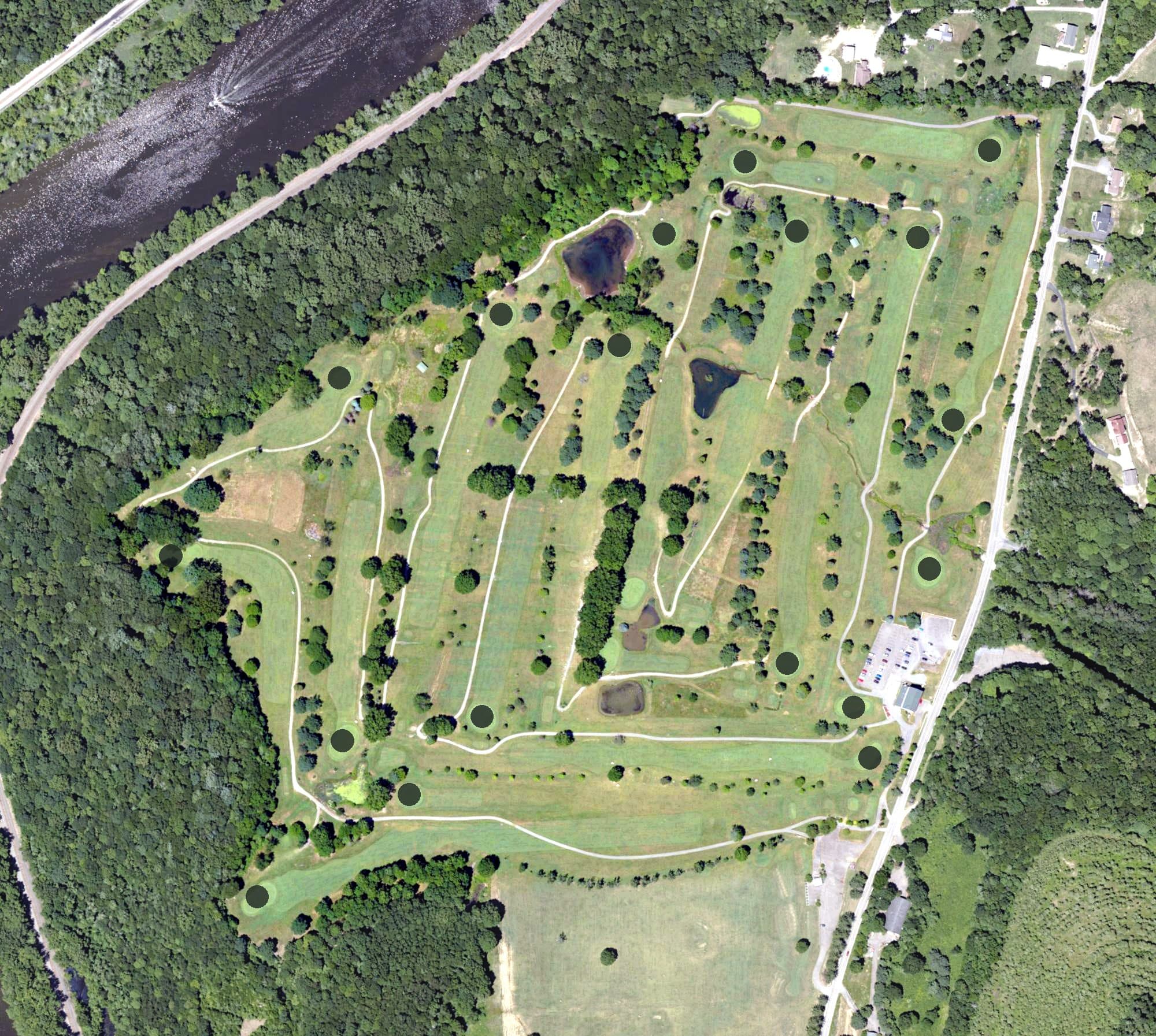 Aerial view of Fox Run Golf Course, PA, with its hole routing marked