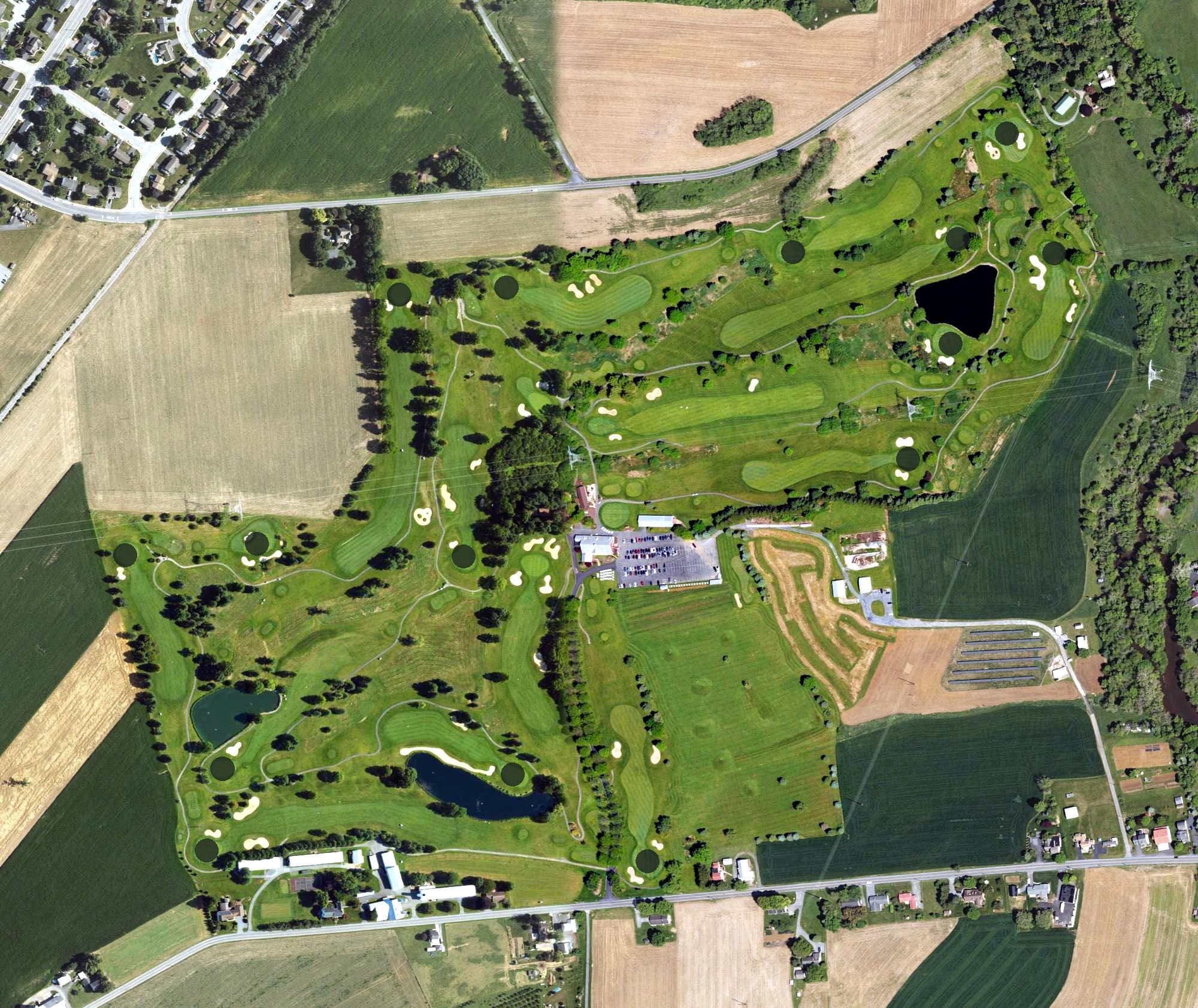 Aerial view of Foxchase Golf Club, PA, with its hole routing marked