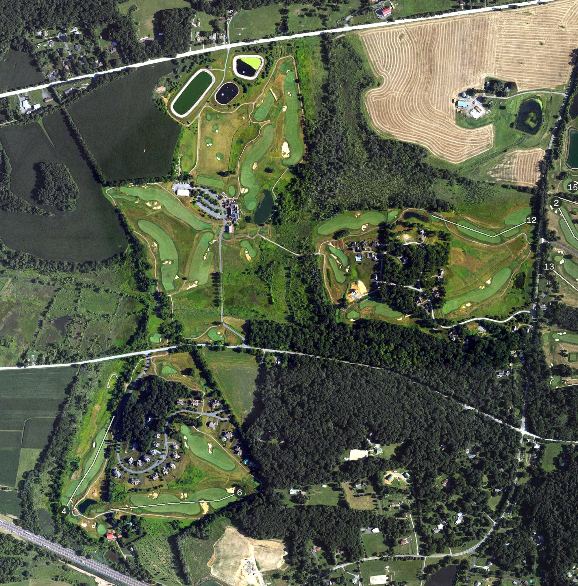 Aerial view of French Creek Golf Club, PA, with its hole routing marked