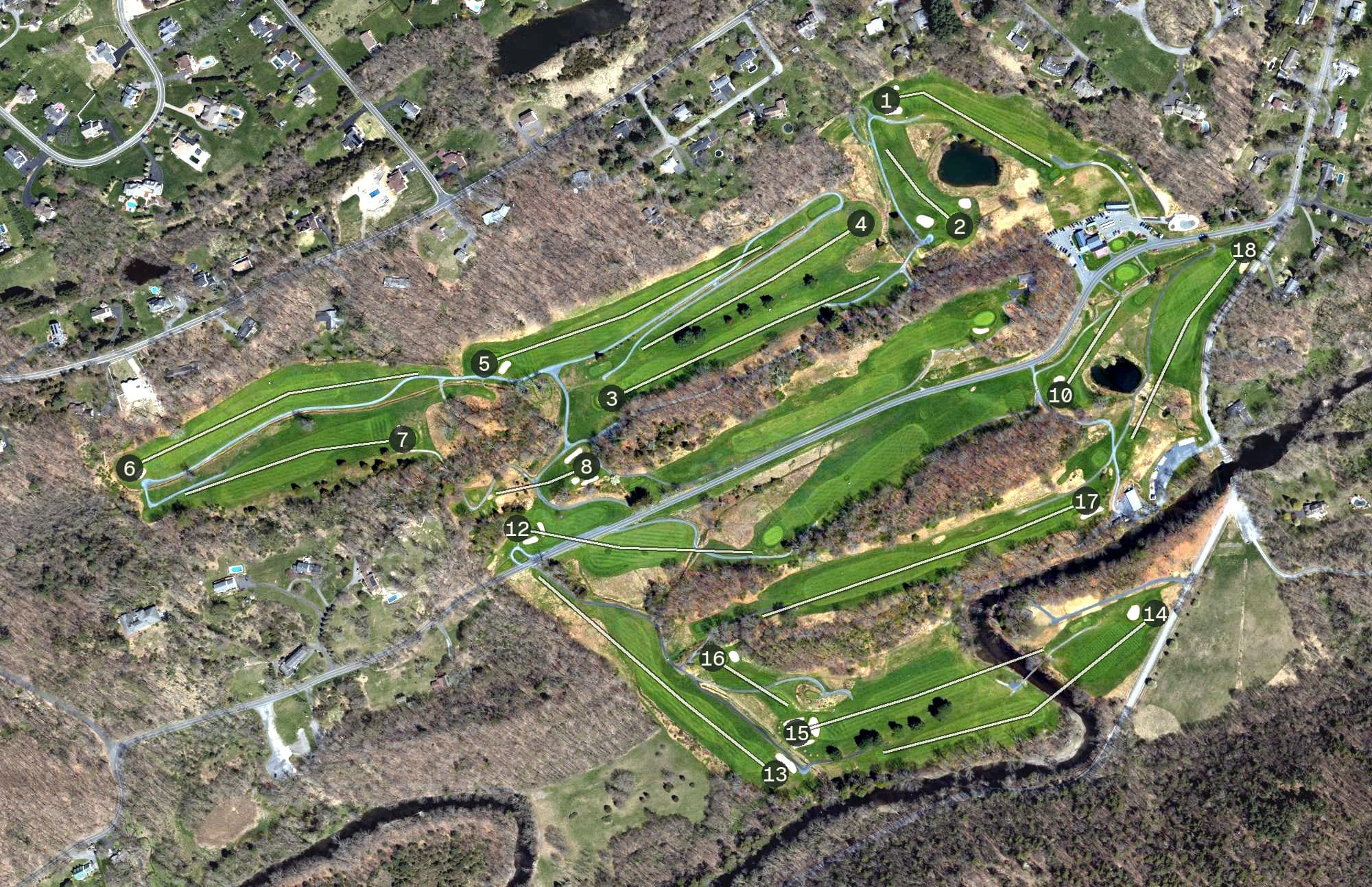 Aerial view of Glen Brook Golf Club, PA, with its hole routing marked