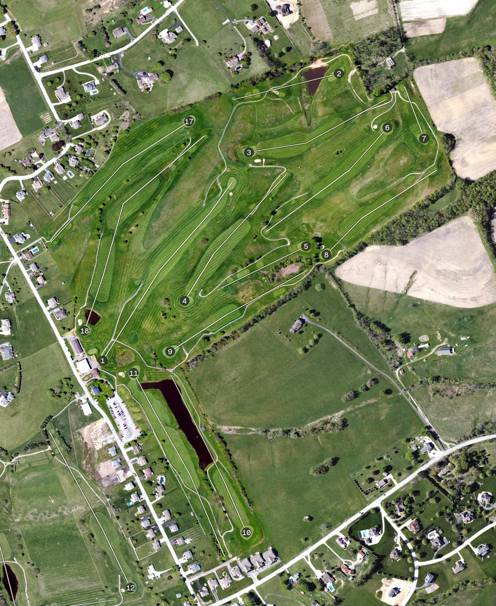 Aerial view of Glengarry Golf Links, PA, with its hole routing marked