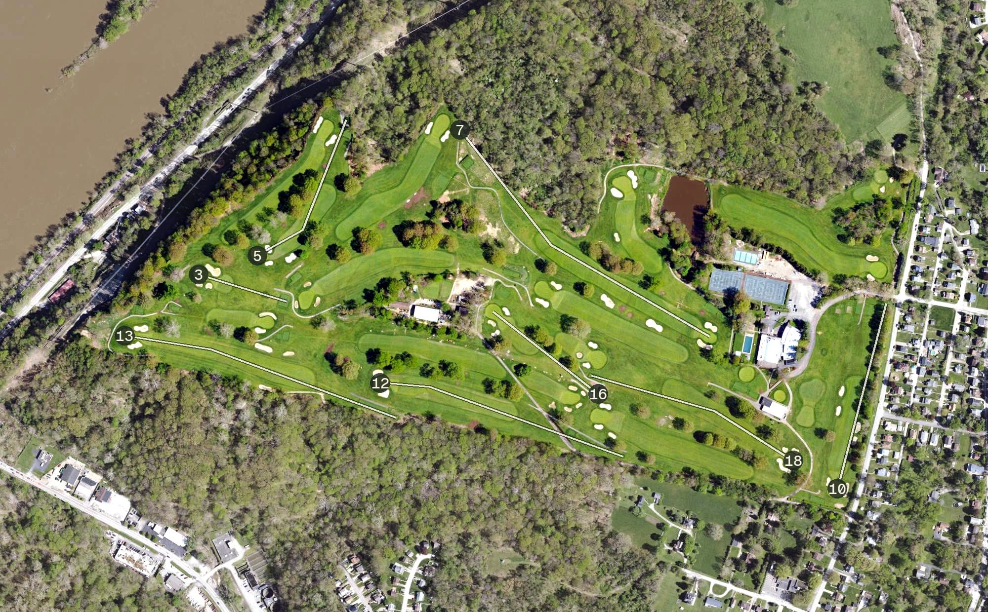 Aerial view of Green Oaks Country Club, PA, with its hole routing marked