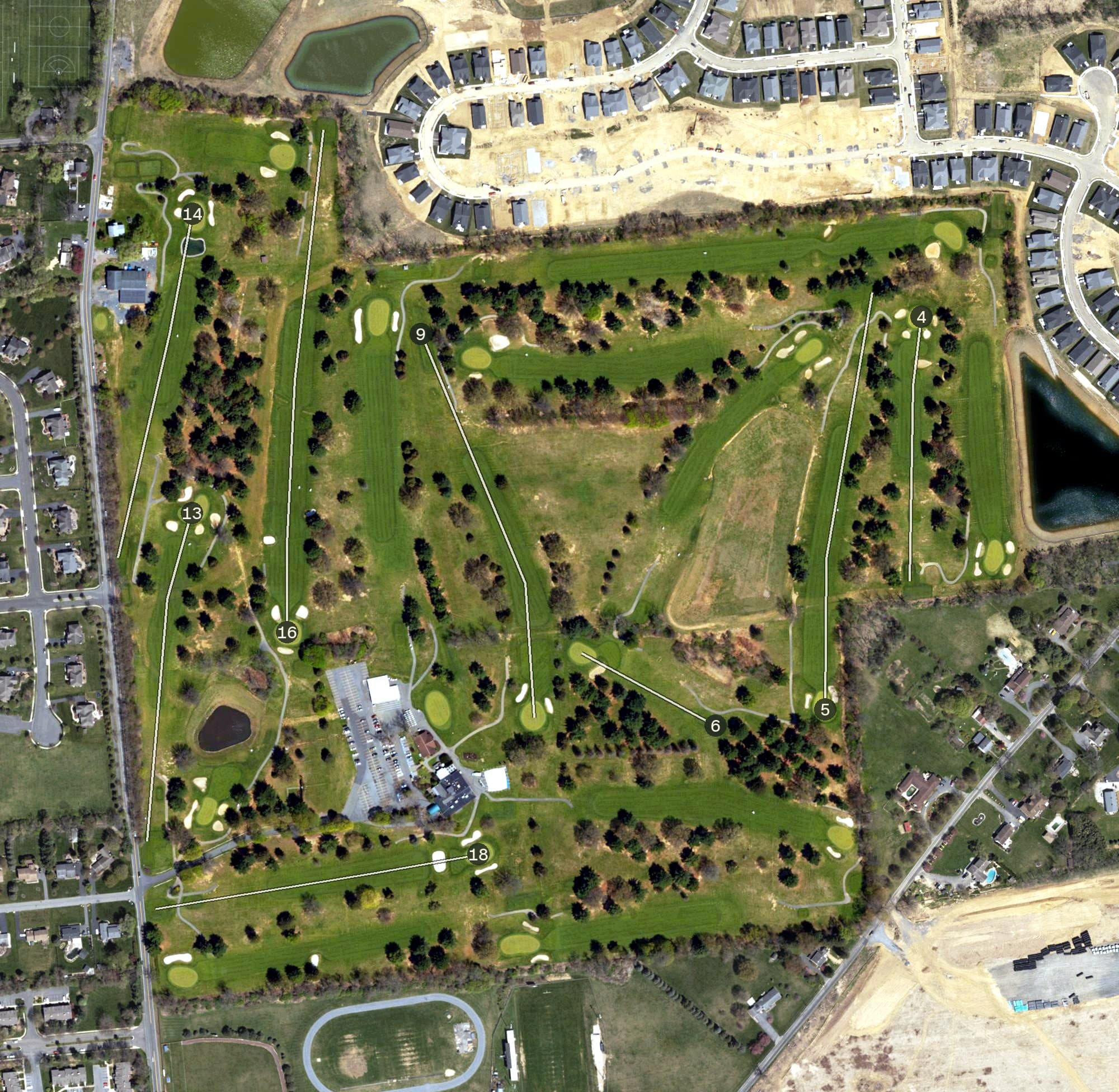 Aerial view of Green Pond Country Club, PA, with its hole routing marked