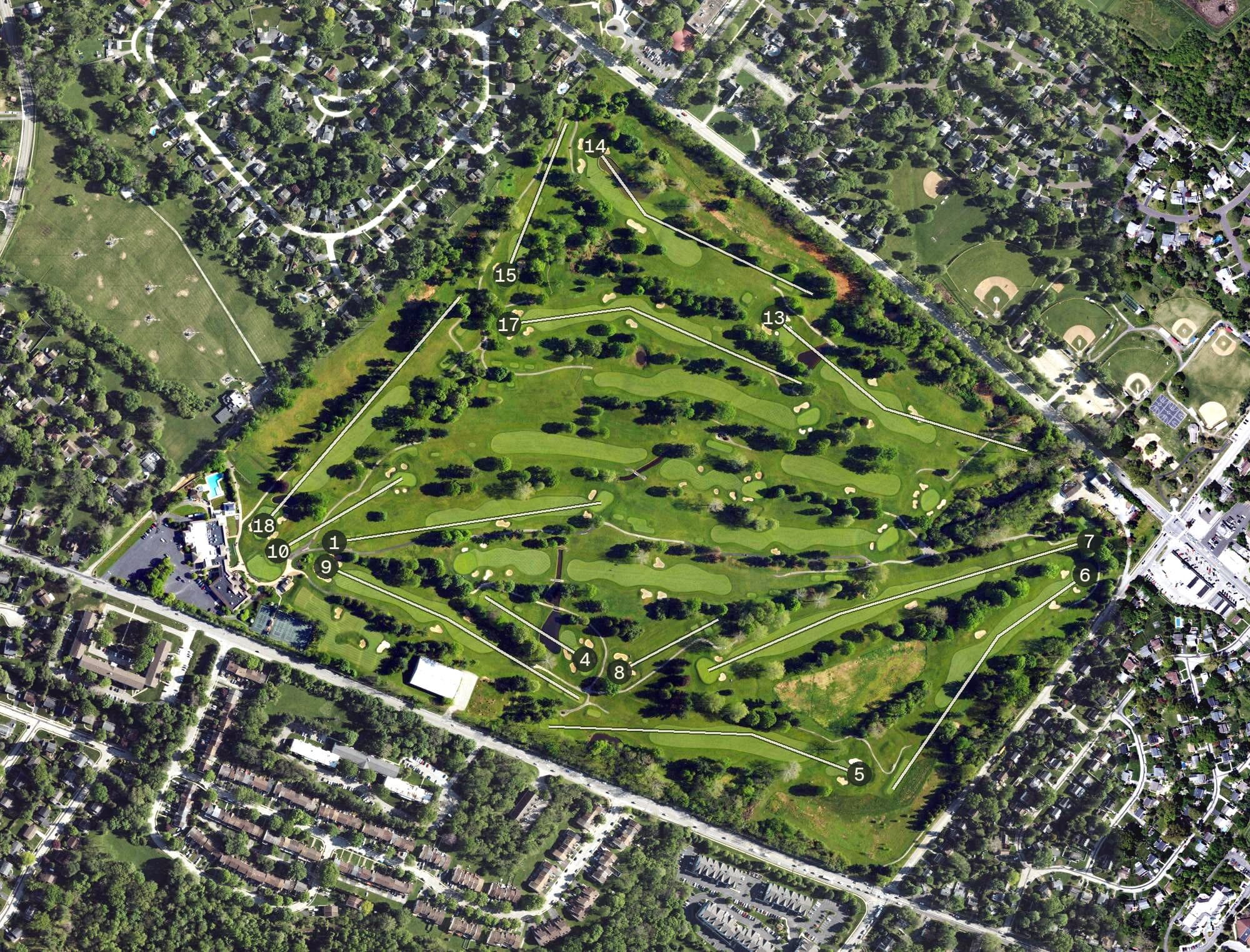 Aerial view of Green Valley Country Club, PA, with its hole routing marked