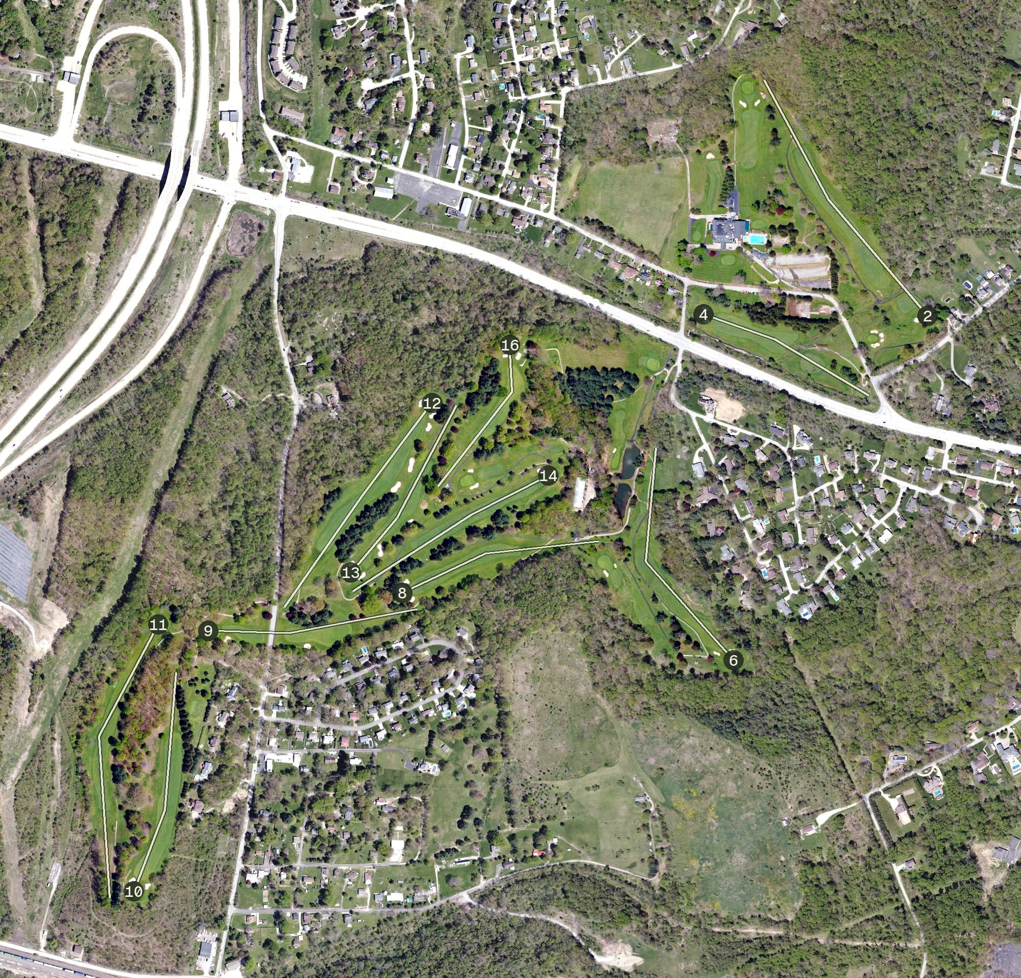 Aerial view of Greensburg Country Club, PA, with its hole routing marked