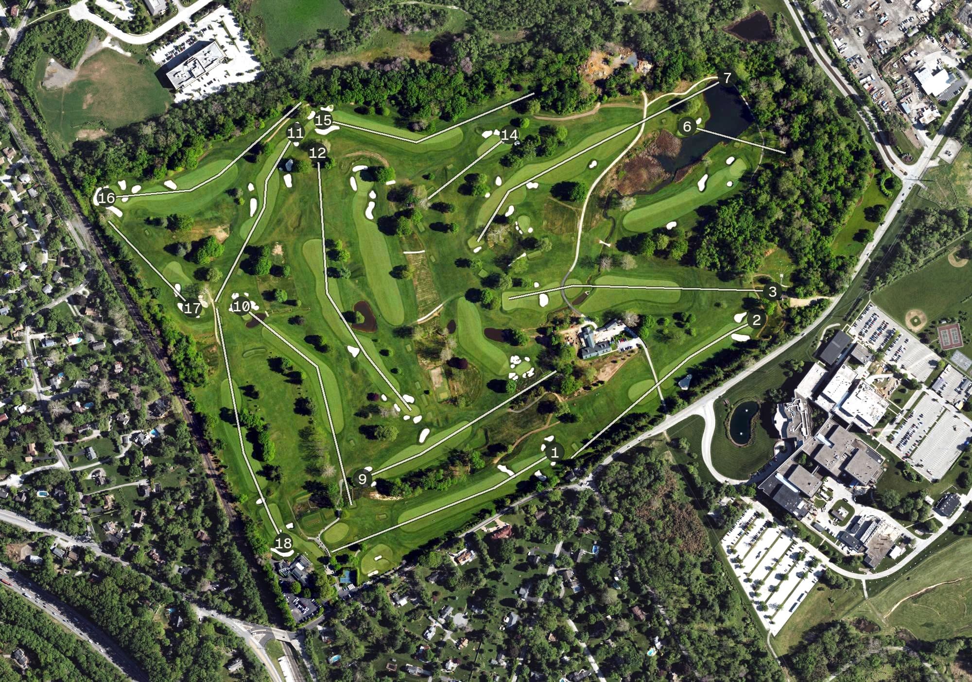 Aerial view of Gulph Mills Golf Course, PA, with its hole routing marked