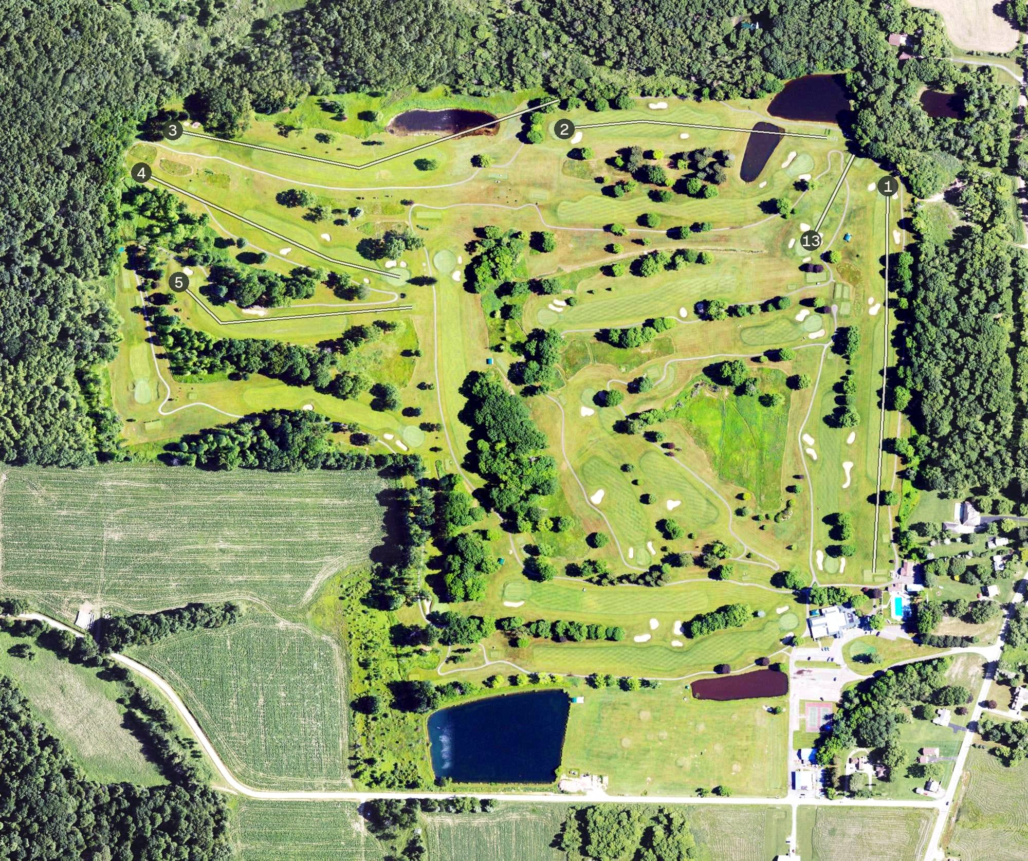 Aerial view of Hailwood, PA, with its hole routing marked