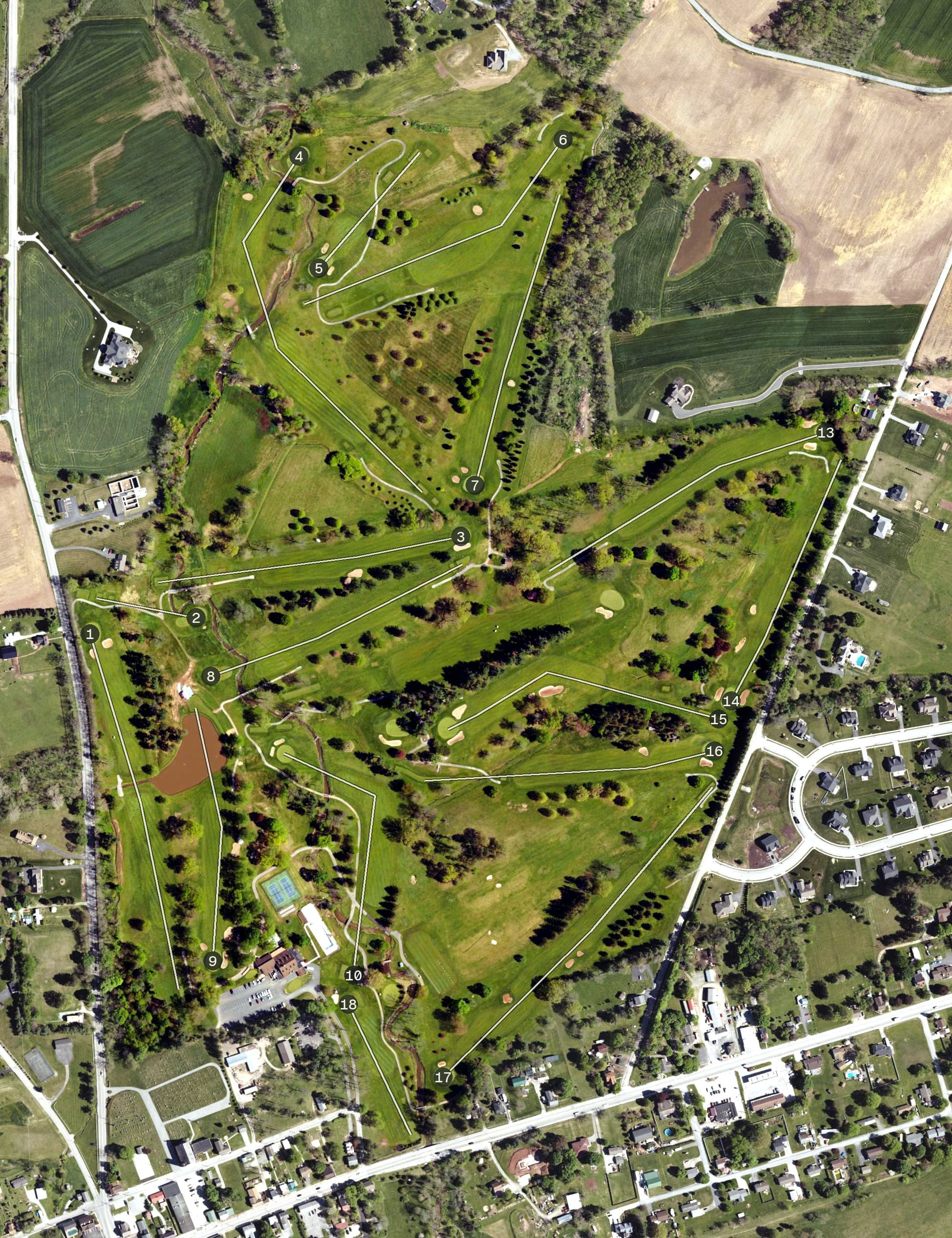 Aerial view of Hanover Country Club, PA, with its hole routing marked