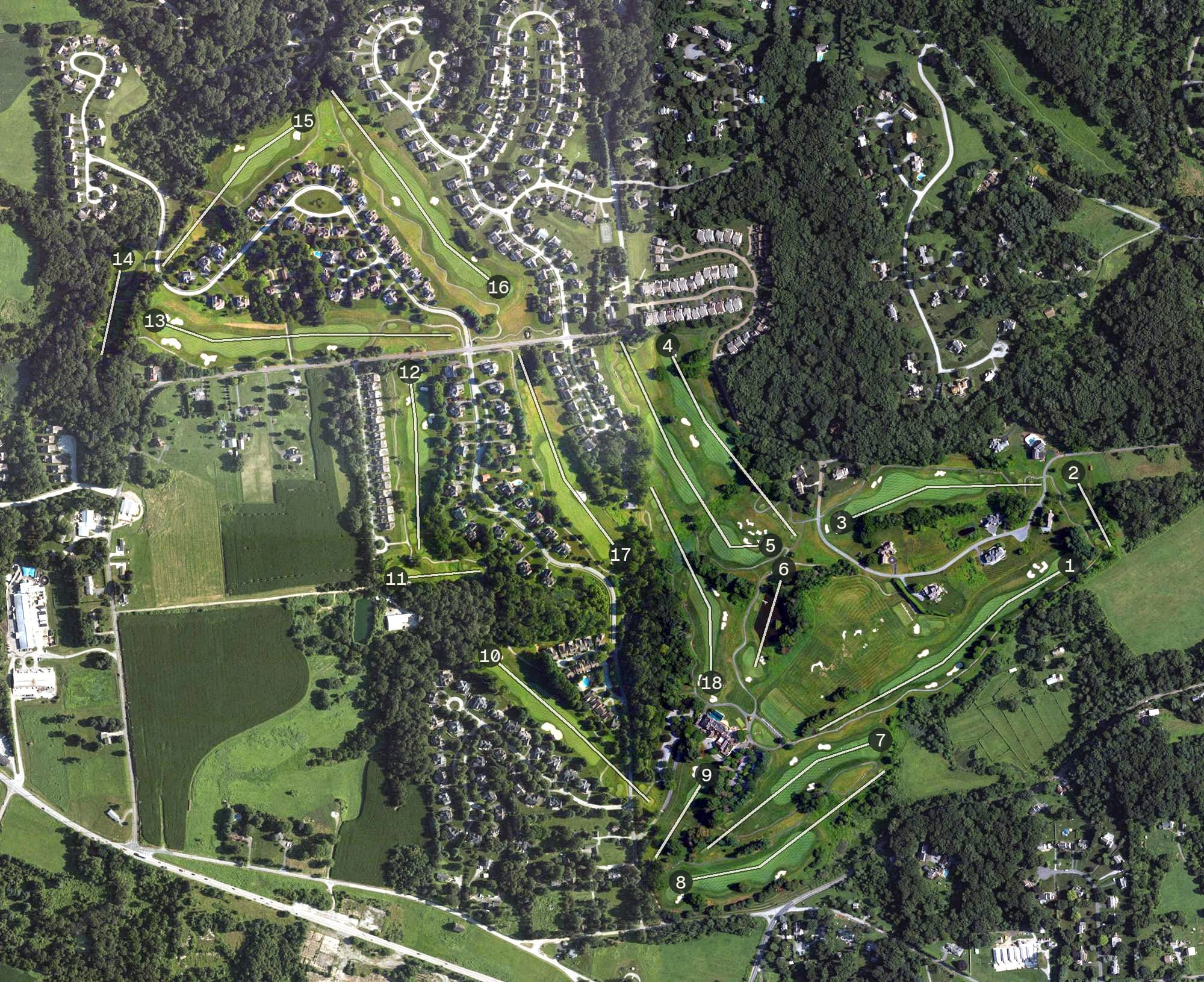 Aerial view of Hartefeld National, PA, with its hole routing marked