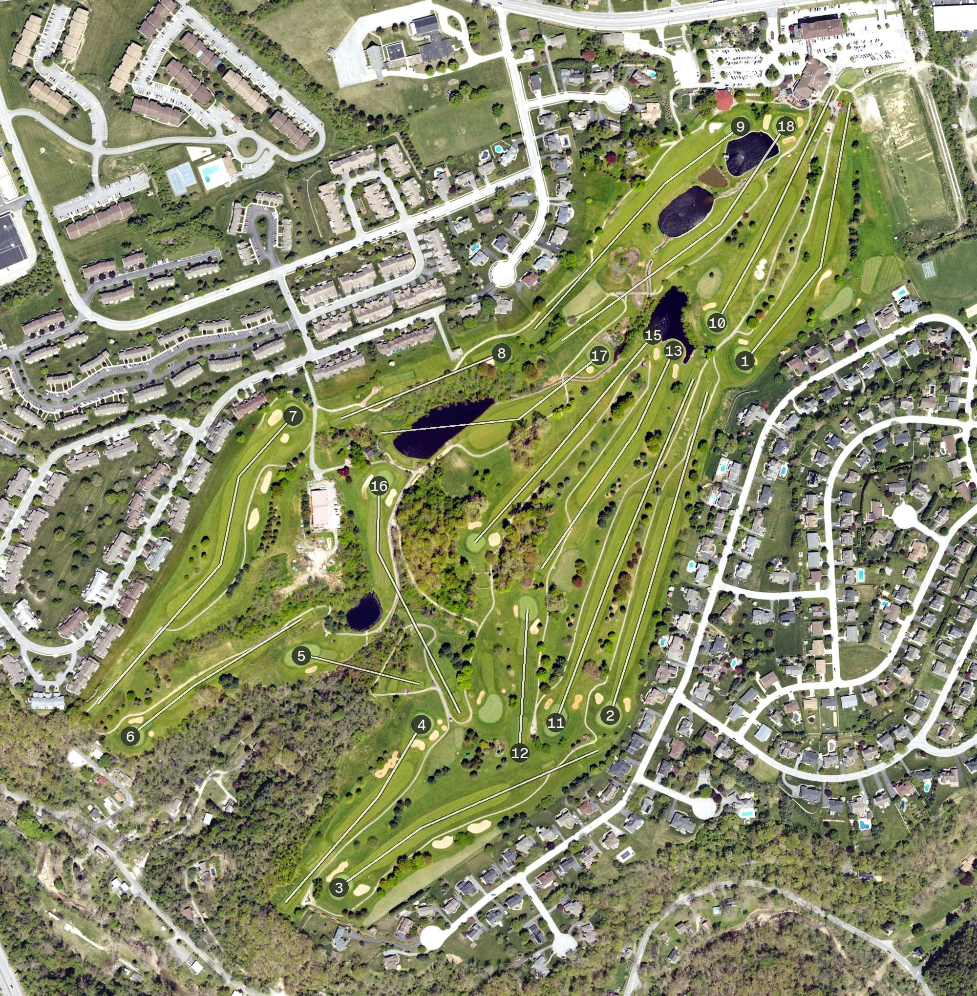 Aerial view of Heritage Hills Golf Course, PA, with its hole routing marked