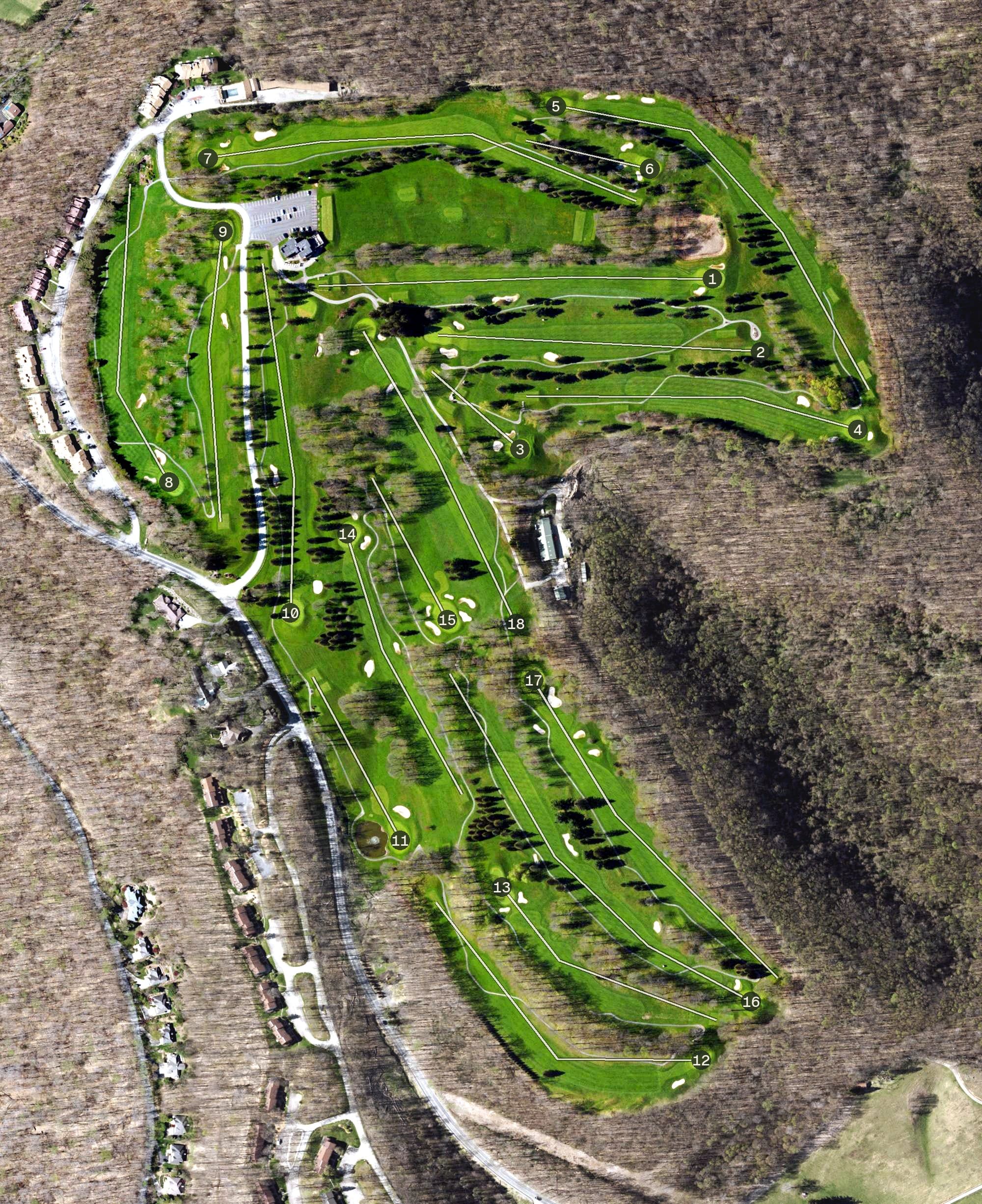 Aerial view of Highlands Golf Club at Seven Springs, PA, with its hole routing marked