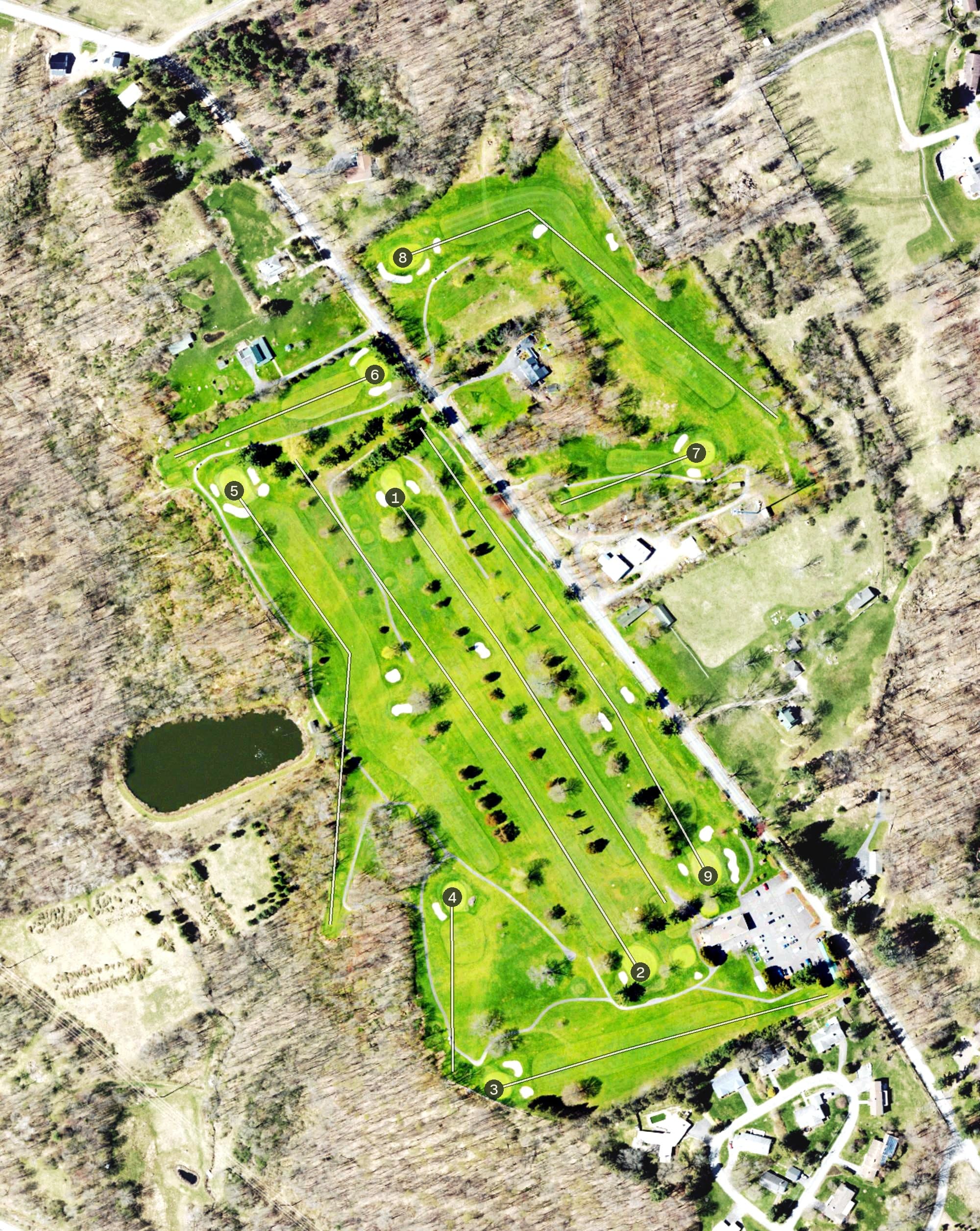 Aerial view of Honesdale Golf Club, PA, with its hole routing marked