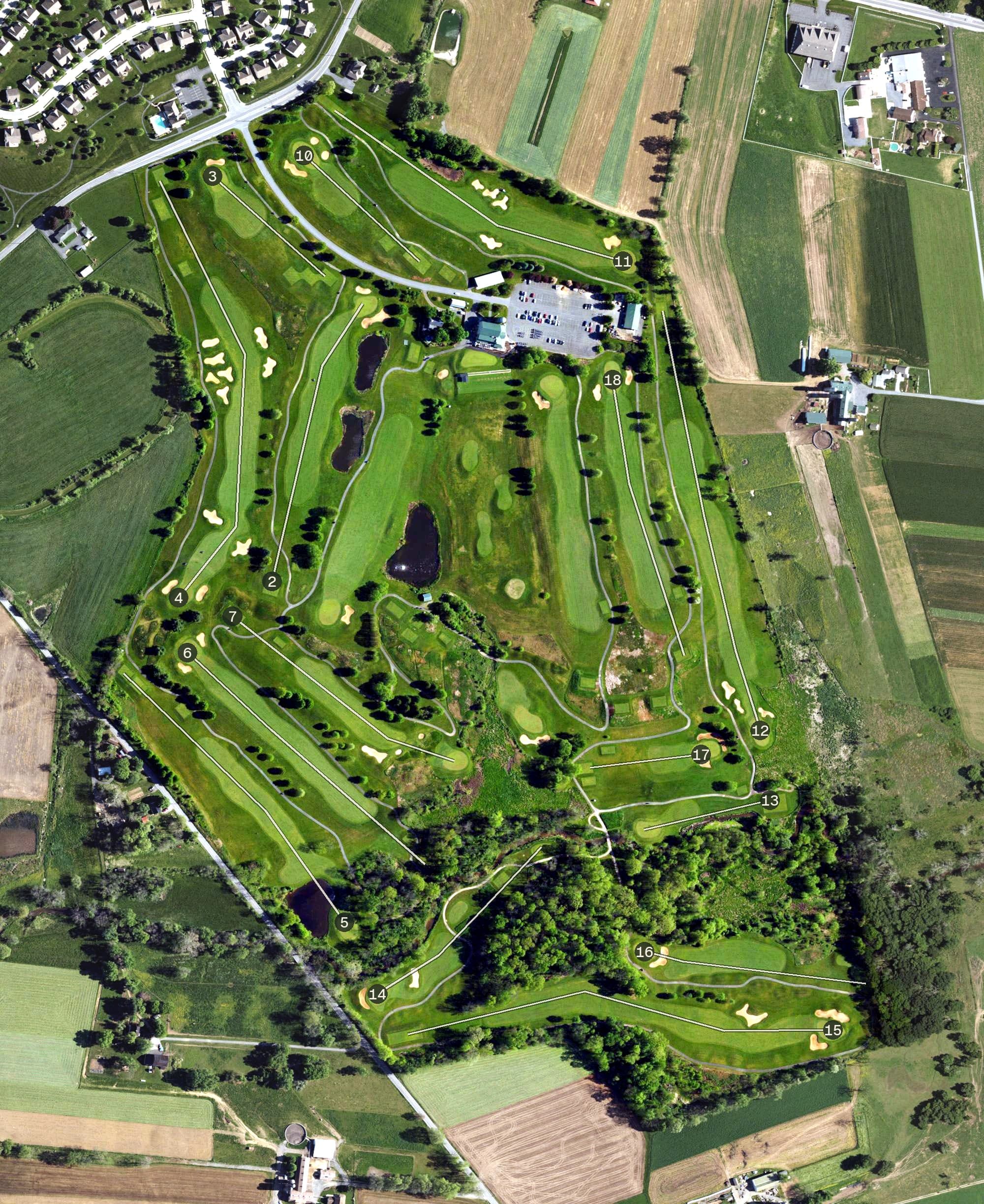 Aerial view of Honeybrook Golf Course, PA, with its hole routing marked