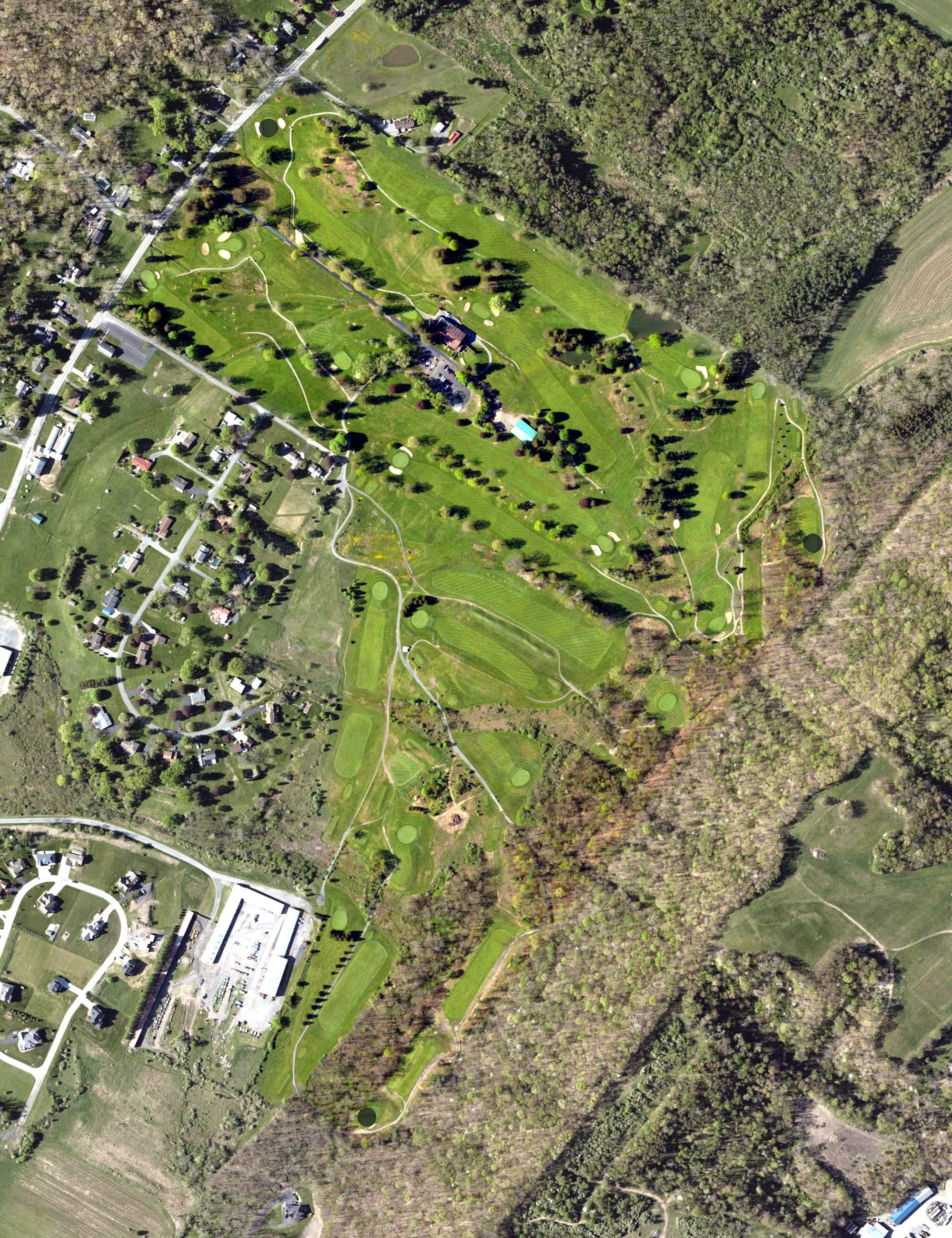 Aerial view of Huntingdon Country Club, PA, with its hole routing marked