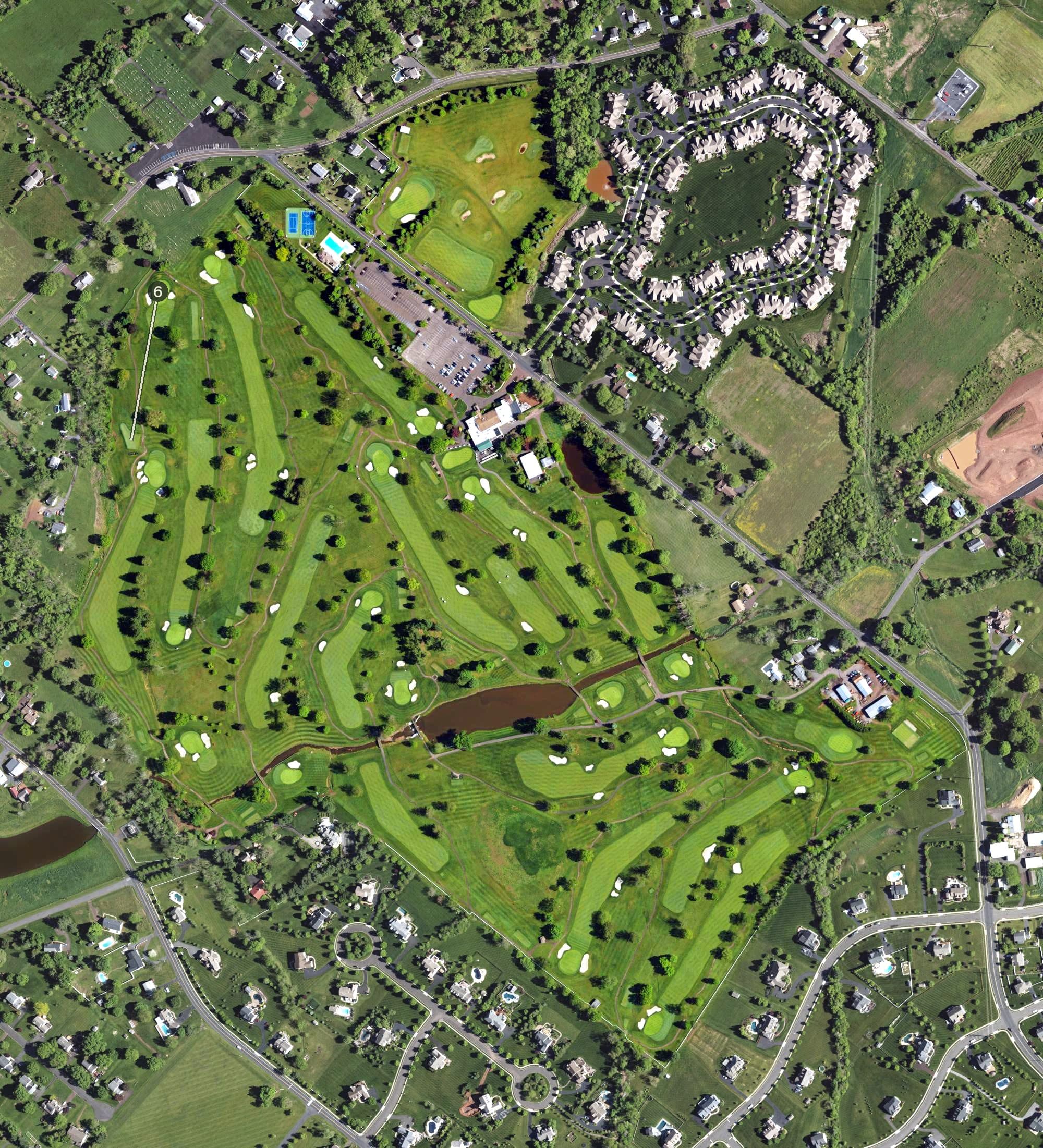 Aerial view of Indian Valley Country Club, PA, with its hole routing marked