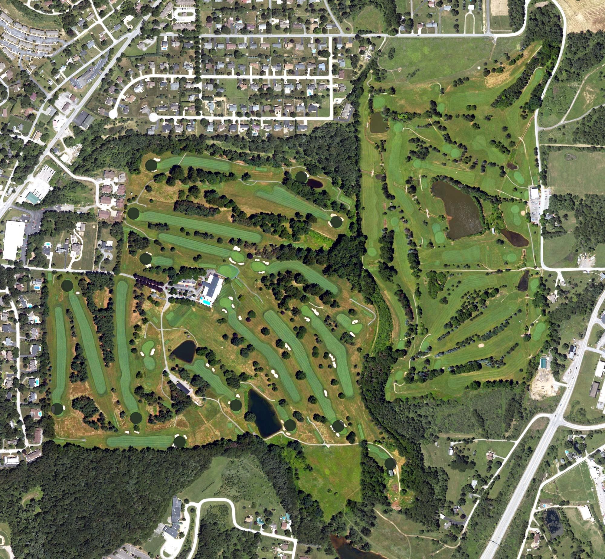 Aerial view of Indiana Country Club, PA, with its hole routing marked