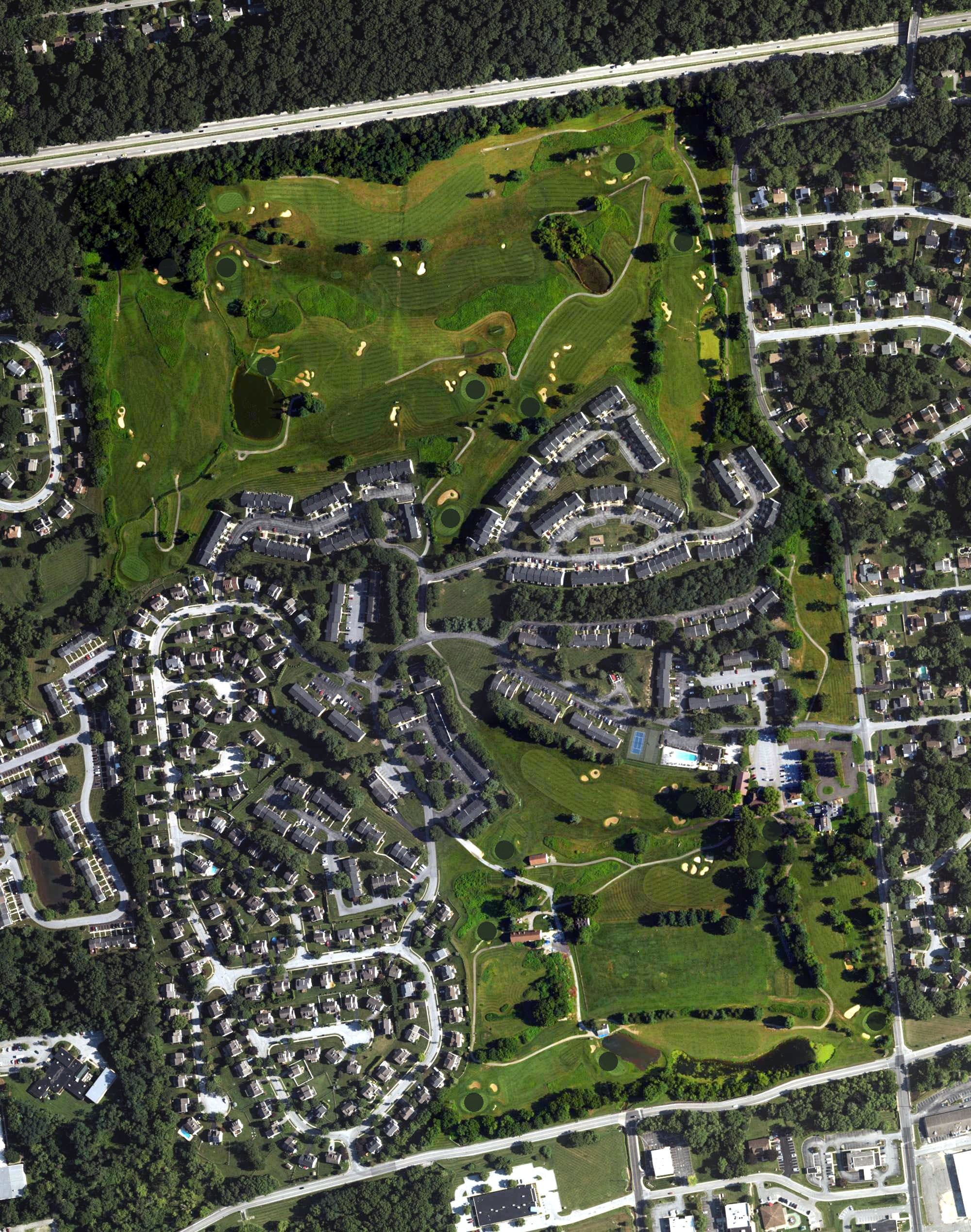 Aerial view of Ingleside Golf Course, PA, with its hole routing marked