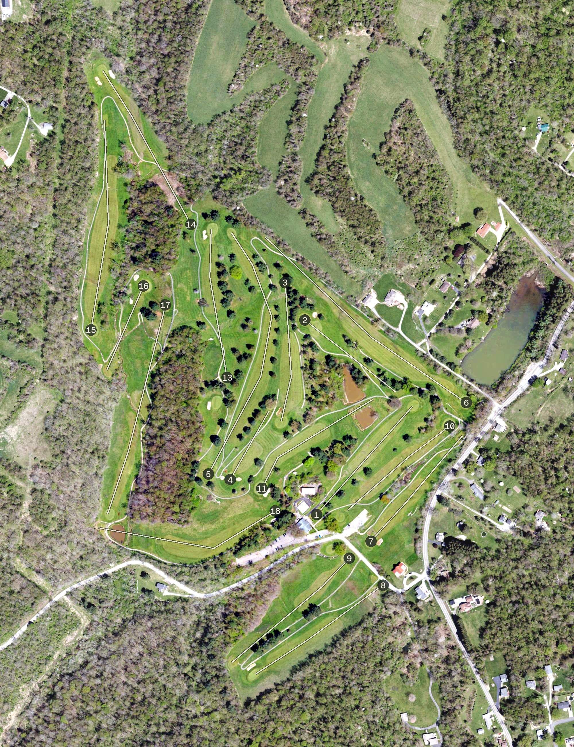 Aerial view of Irwin Country Club, PA, with its hole routing marked