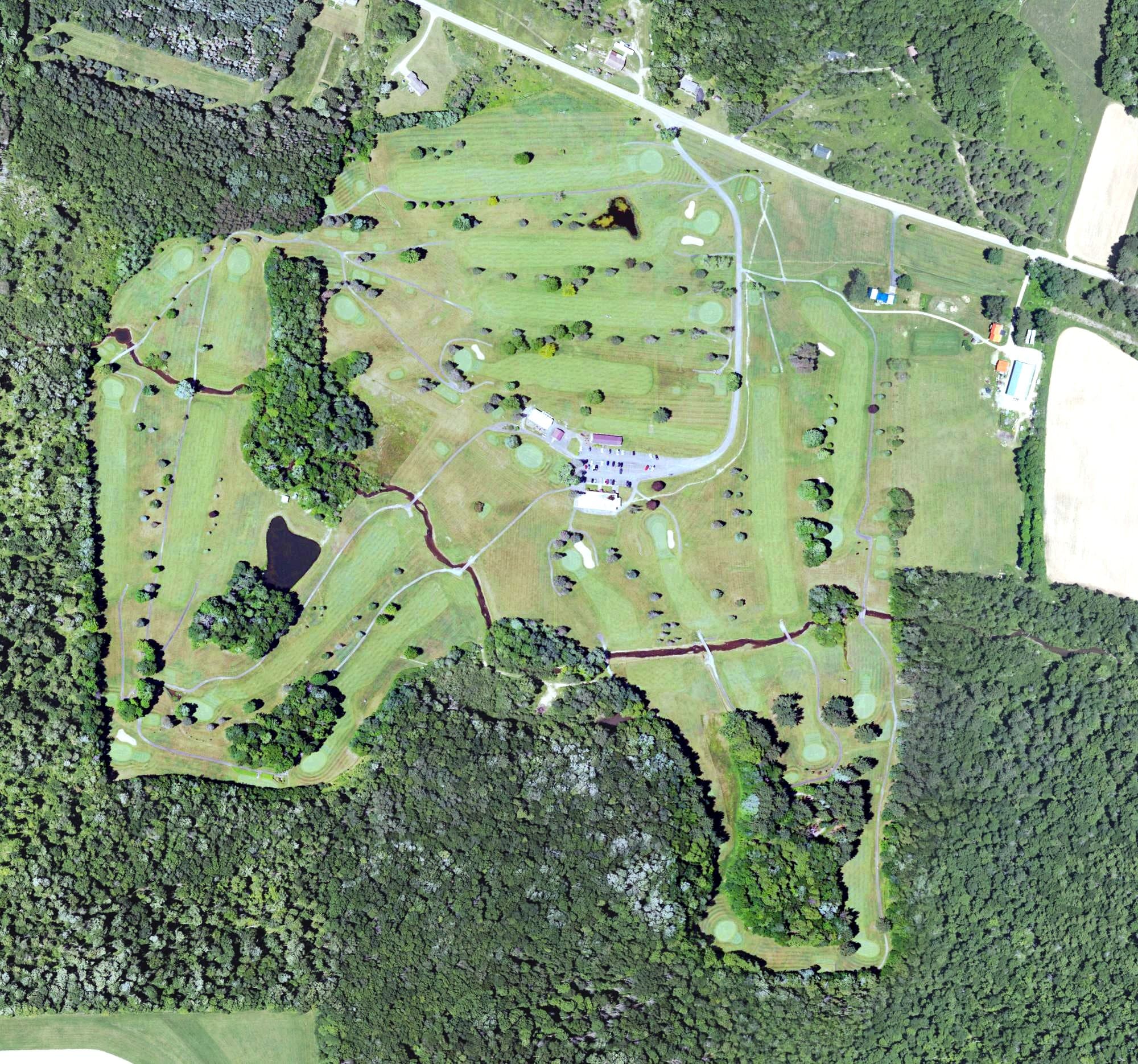 Aerial view of Jackson Valley Golf Course, PA, with its hole routing marked
