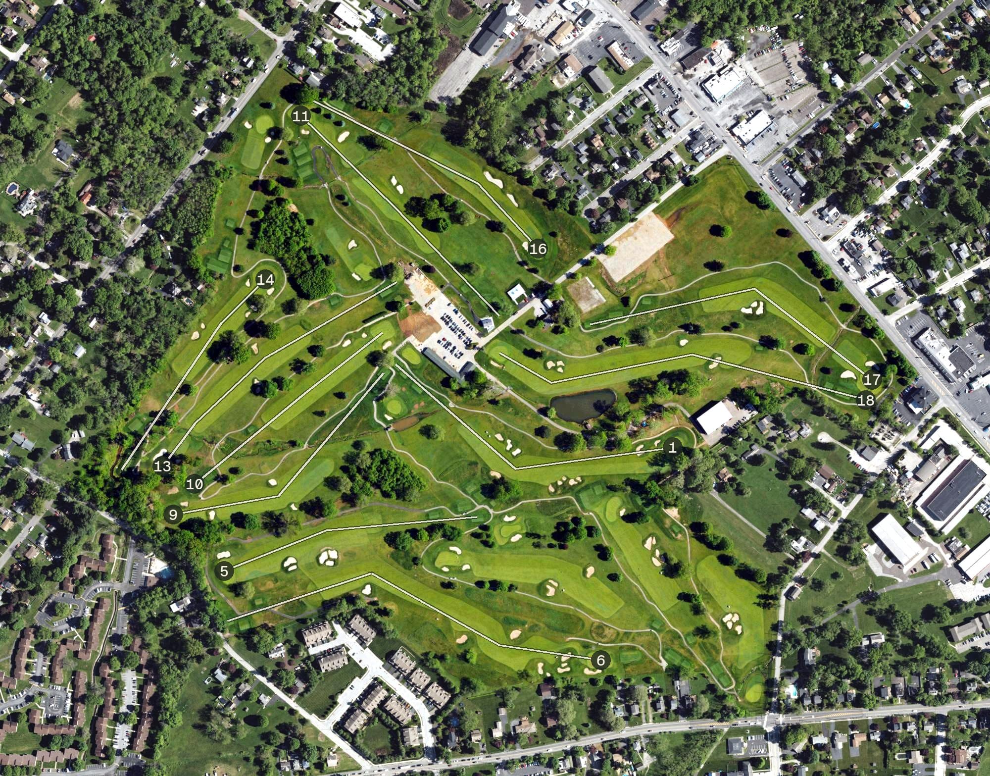 Aerial view of Jeffersonville Golf Club, PA, with its hole routing marked