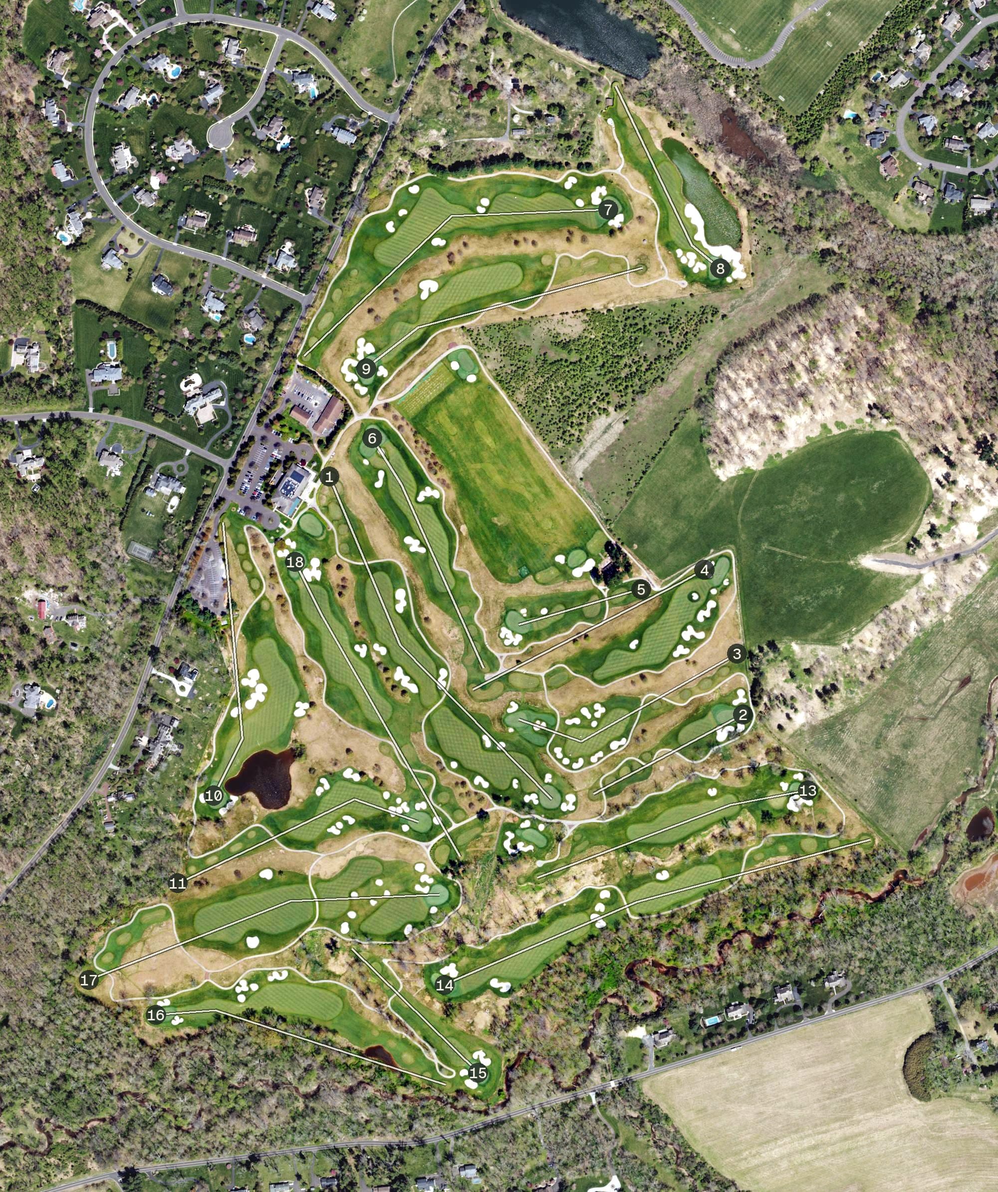 Aerial view of Jericho National Golf Club, PA, with its hole routing marked