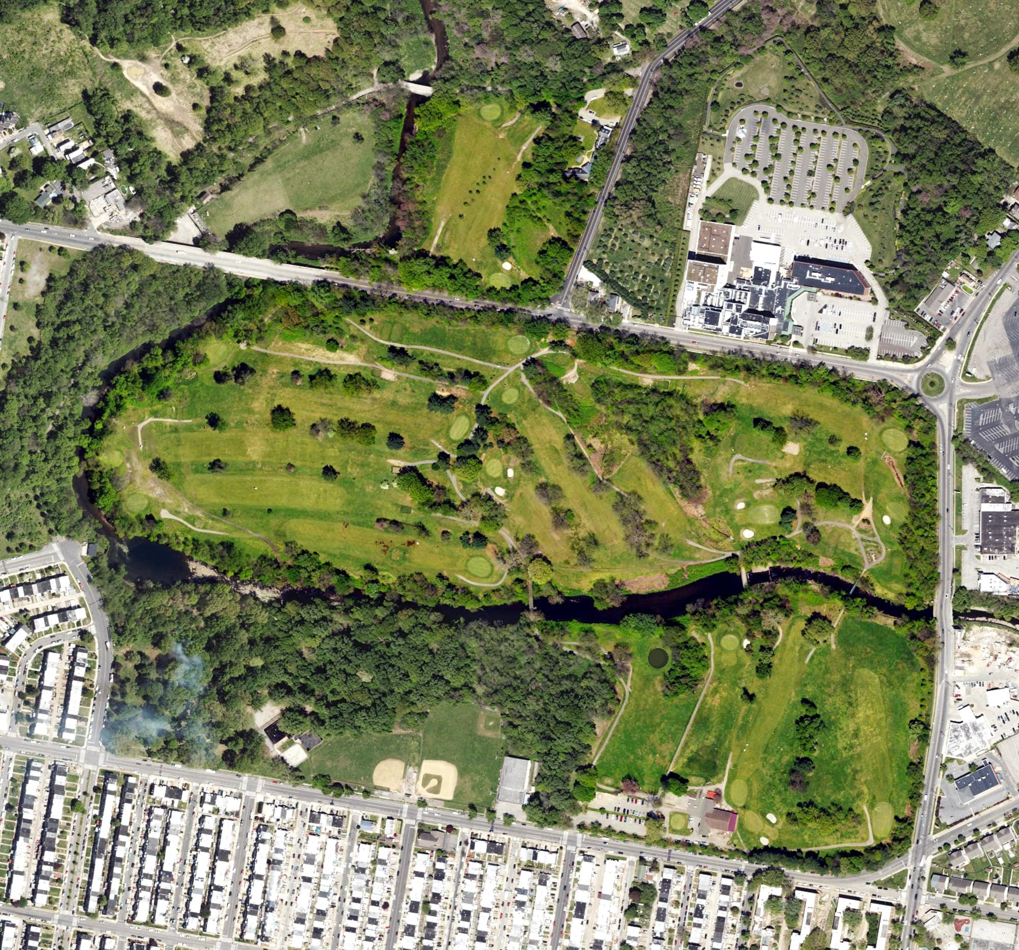 Aerial view of Juniata Golf Course, PA, with its hole routing marked