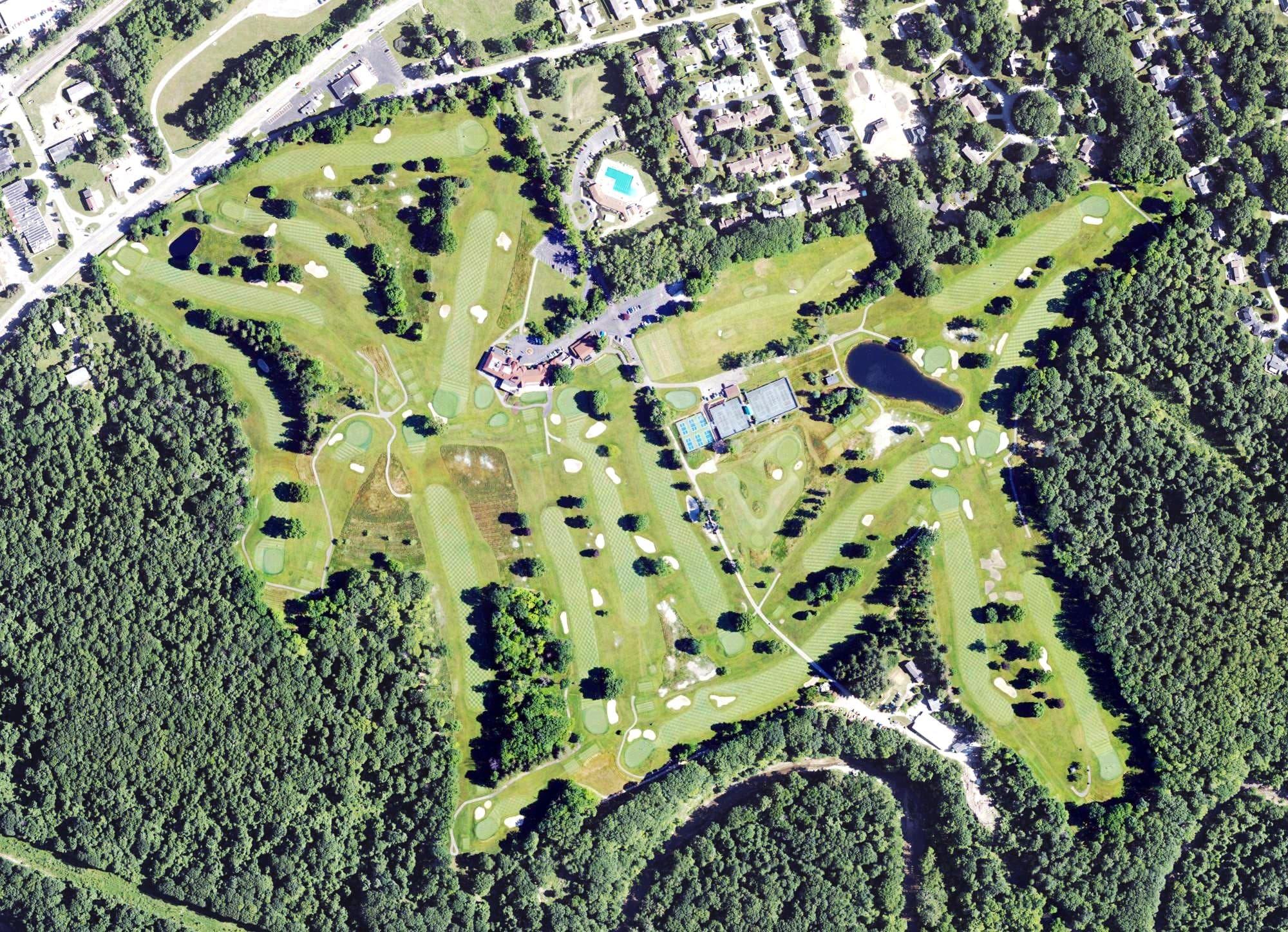 Aerial view of Kahkwa Golf Club, PA, with its hole routing marked