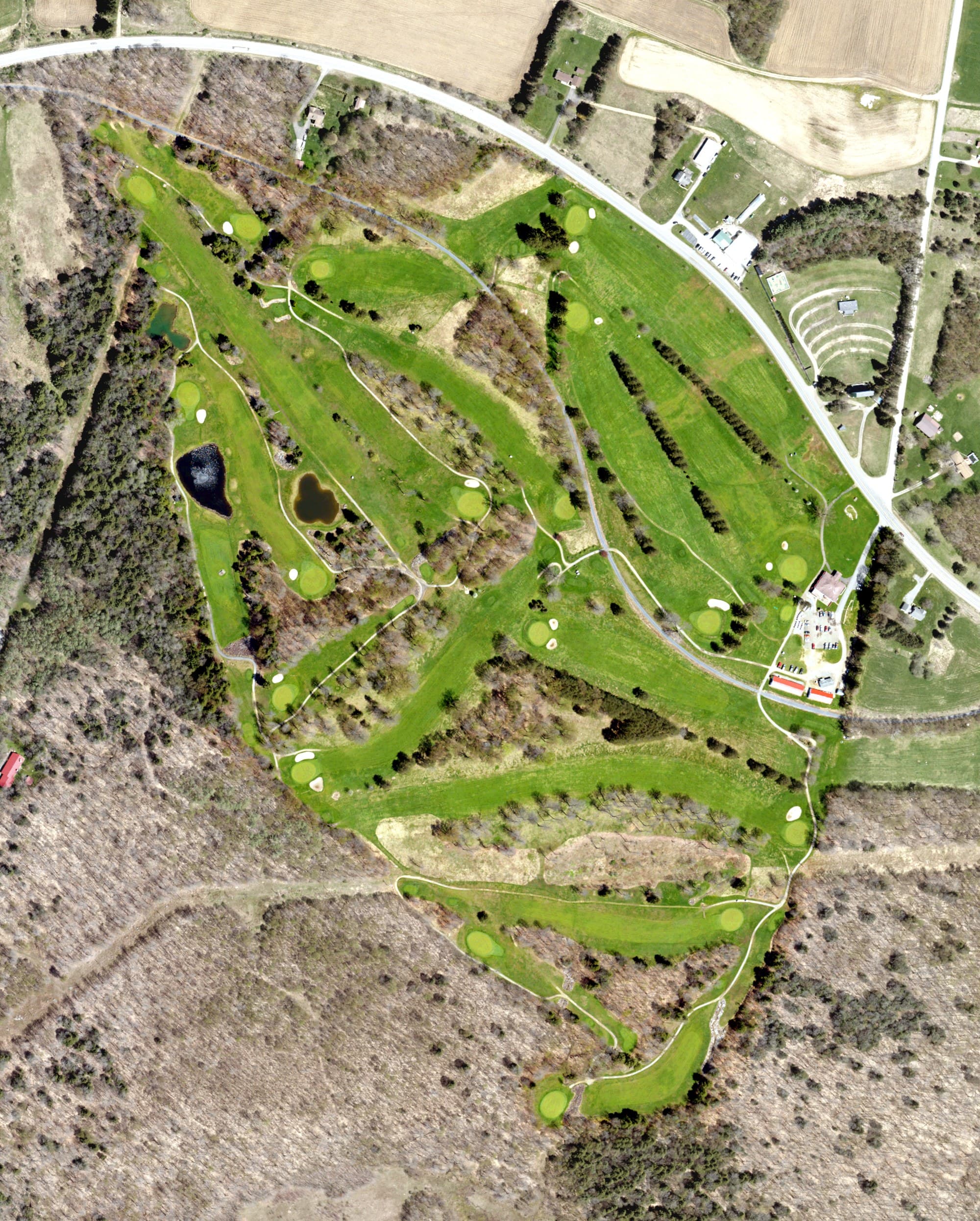 Aerial view of Kane Country Club, PA, with its hole routing marked