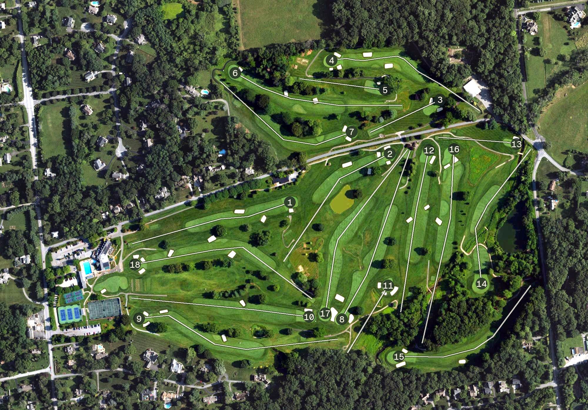 Aerial view of Kennett Square Golf and Country Club, PA, with its hole routing marked