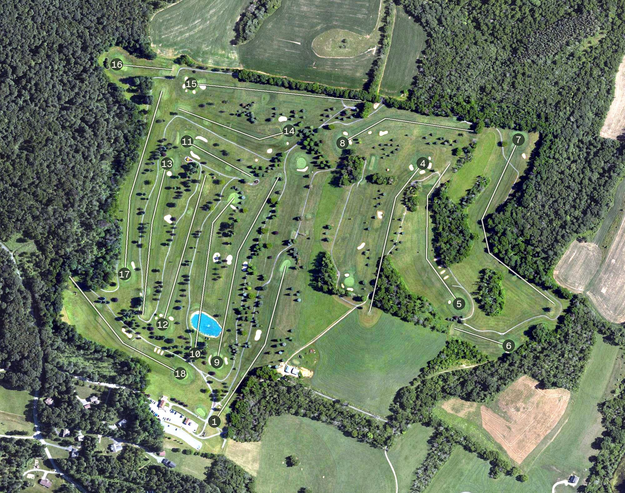 Aerial view of King Valley Golf Course, PA, with its hole routing marked