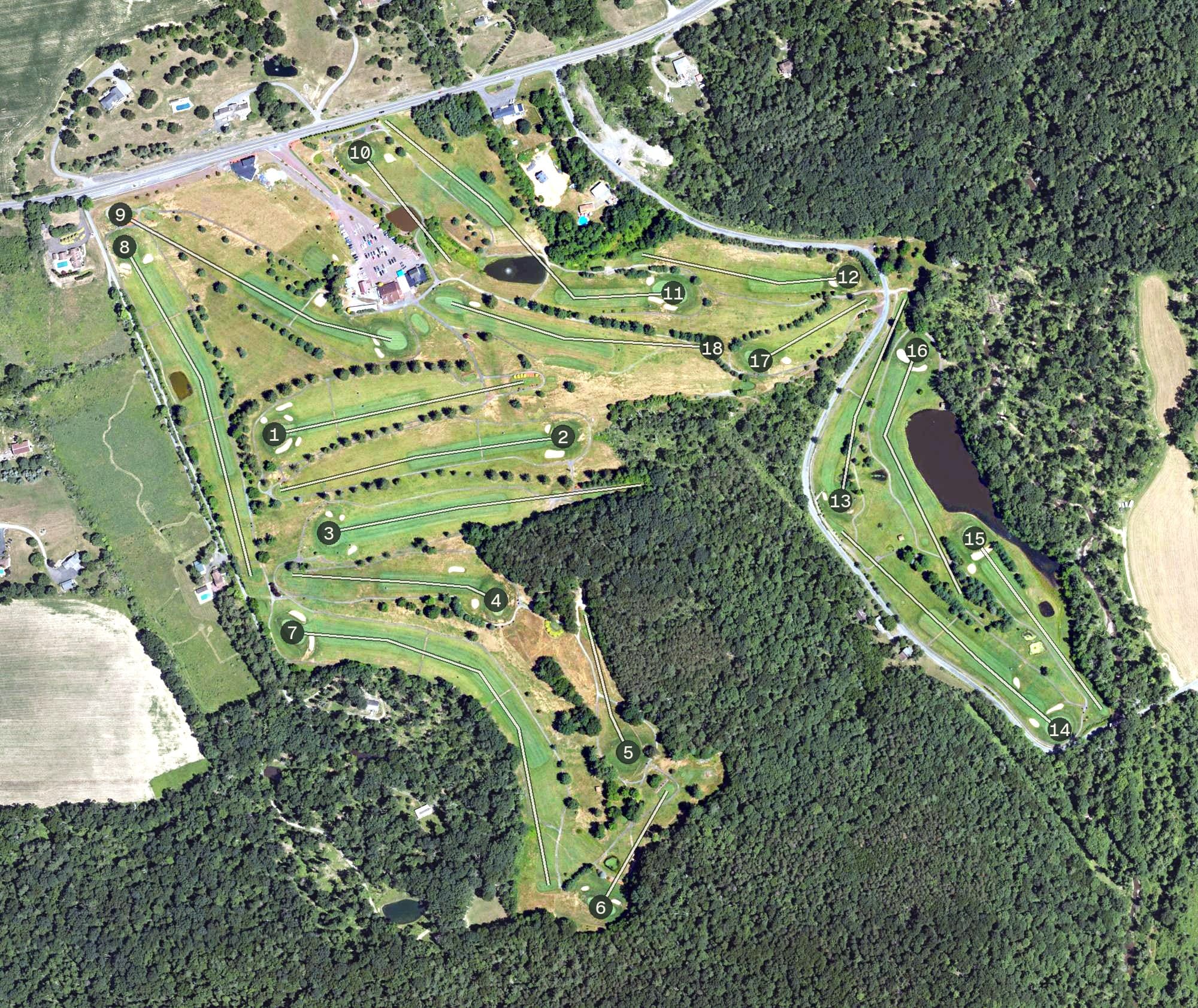 Aerial view of Knoebels Three Ponds Golf Course, PA, with its hole routing marked