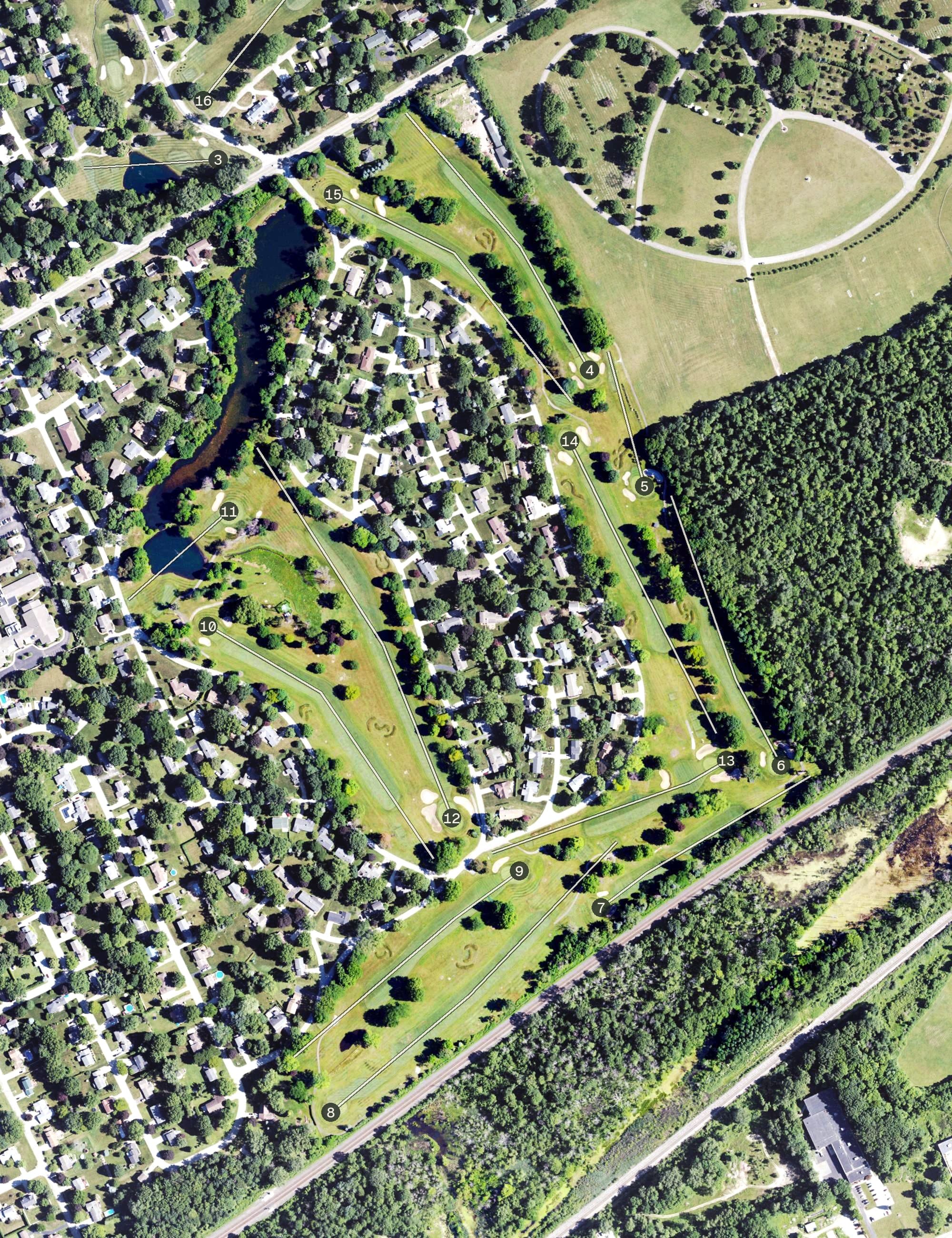 Aerial view of Lake Shore Golf Club, PA, with its hole routing marked