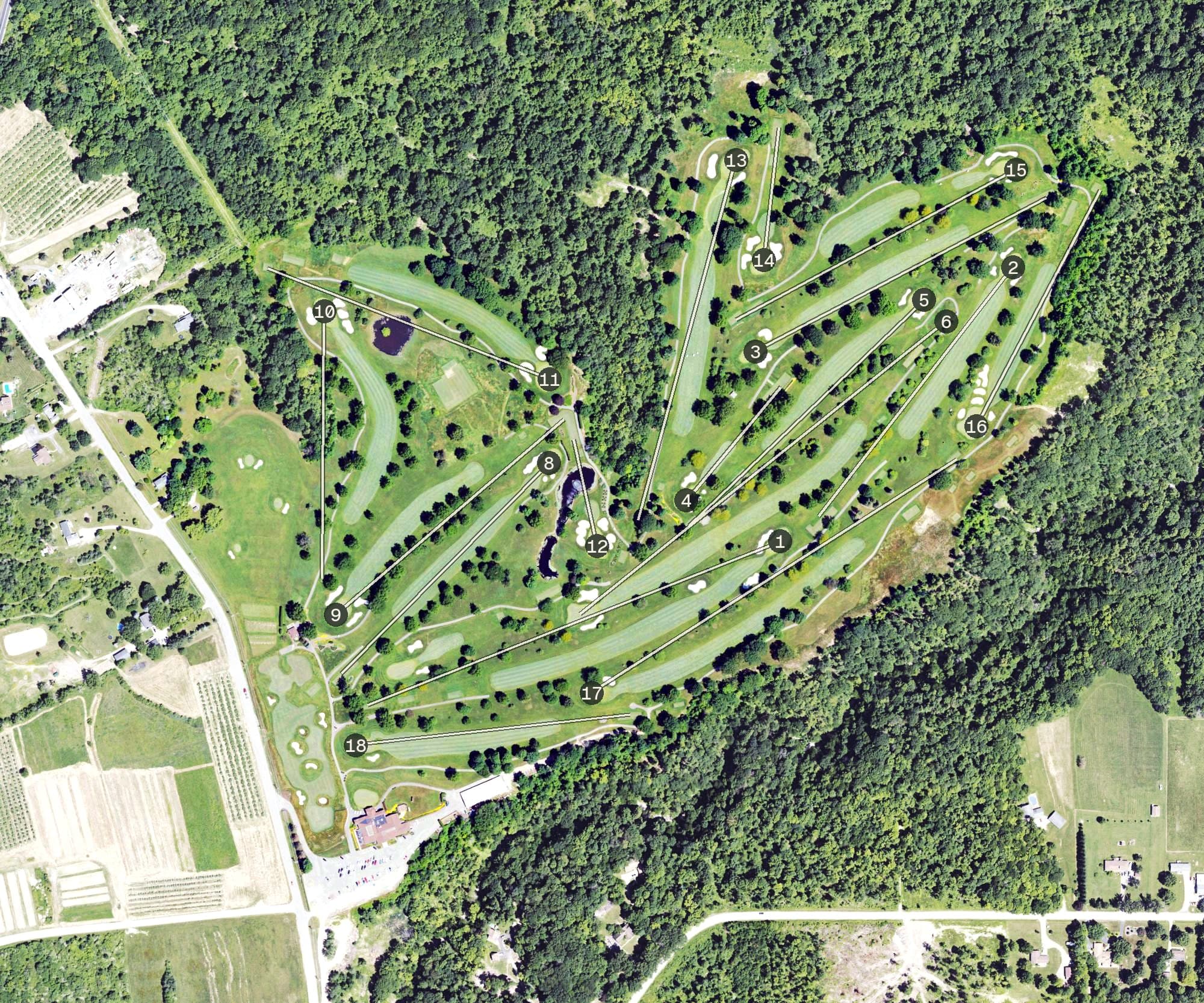 Aerial view of Lake View Country Club, PA, with its hole routing marked