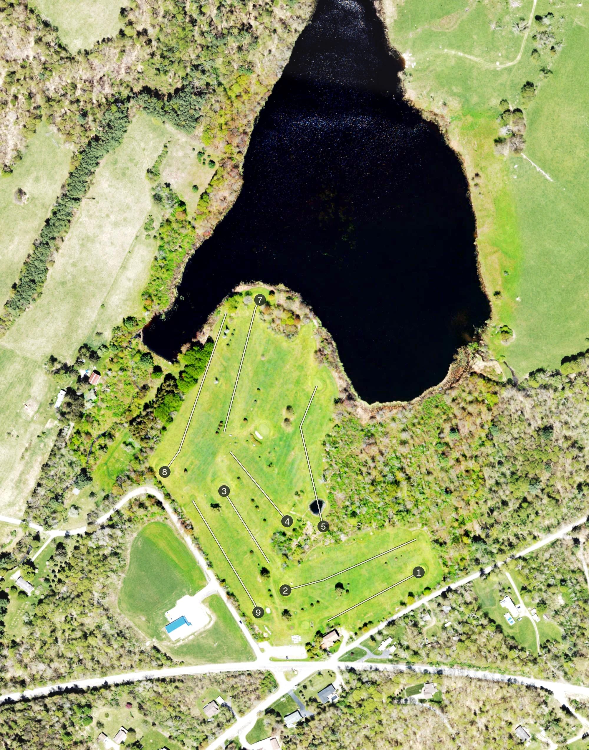Aerial view of Lakeland Golf Course, PA, with its hole routing marked