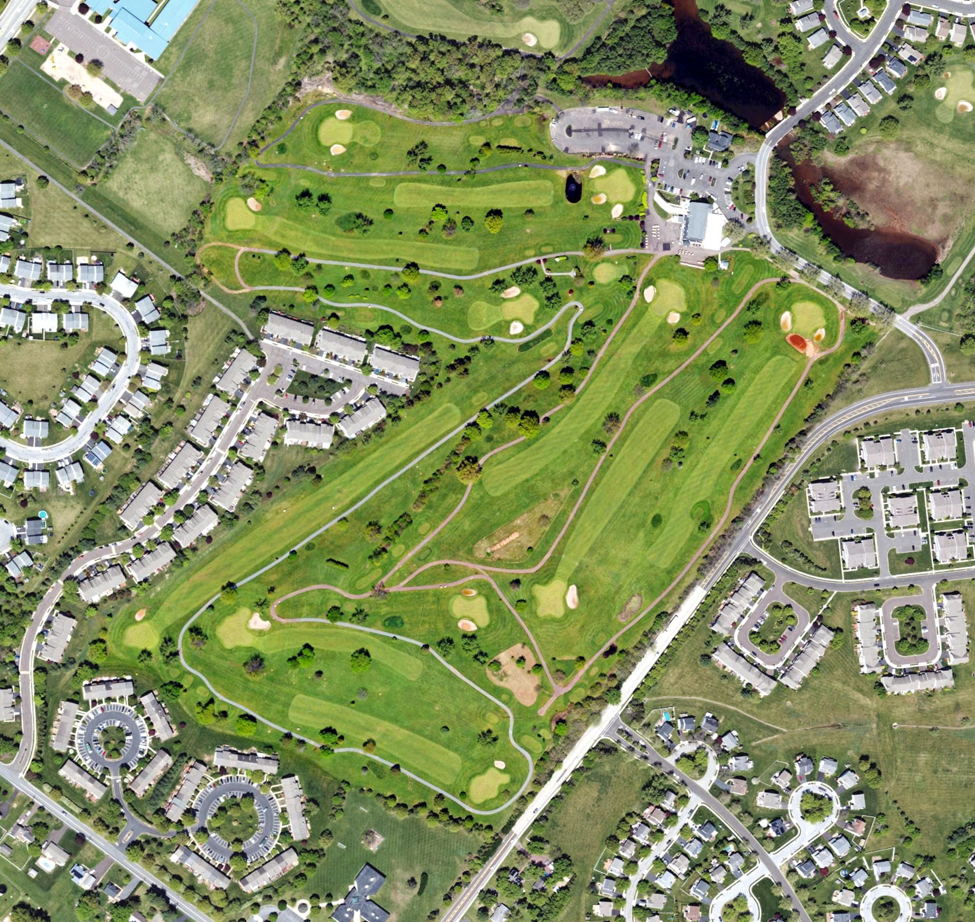 Aerial view of Landis Creek Golf Club, PA, with its hole routing marked