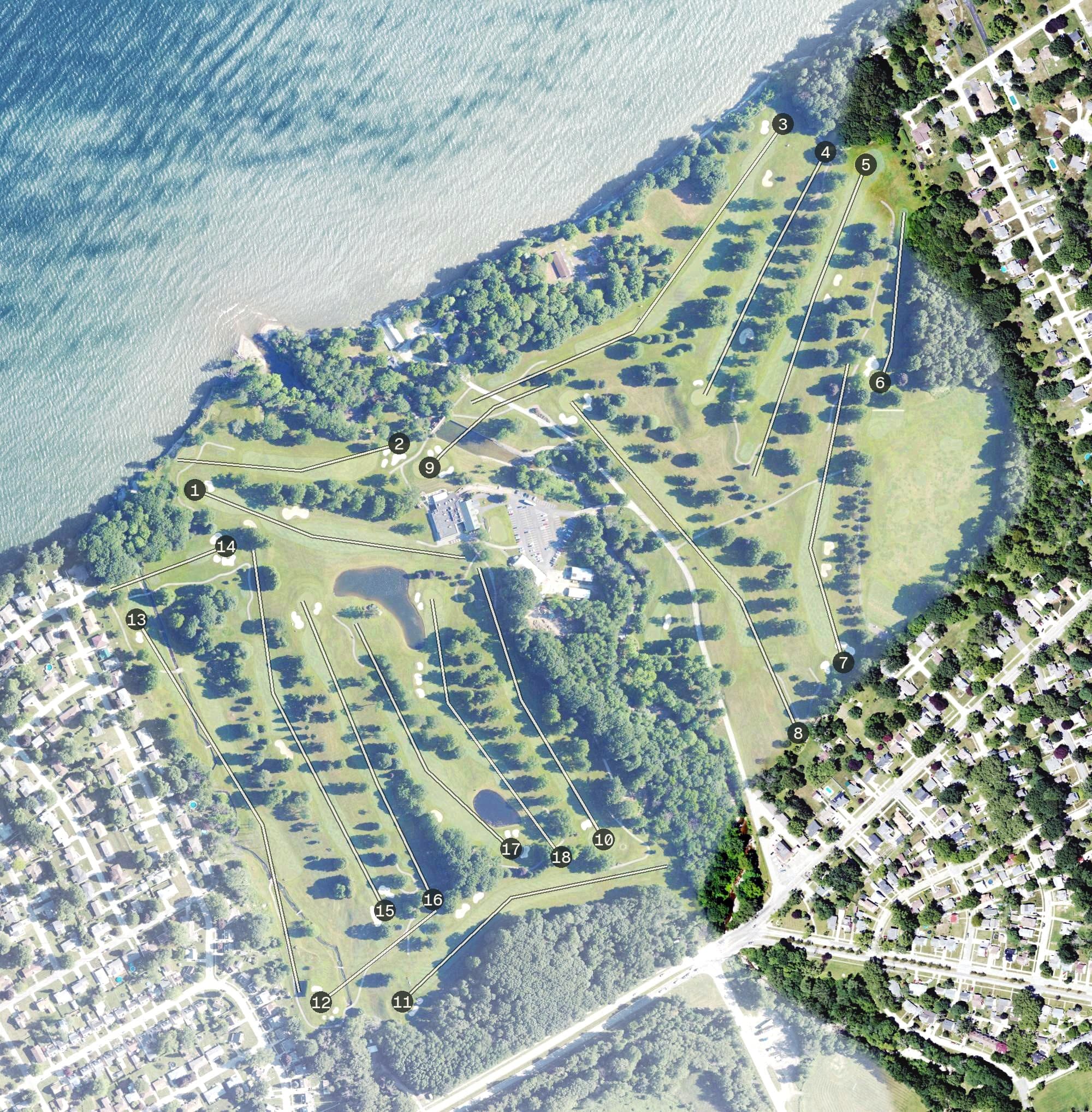 Aerial view of Lawrence Park Golf Club, PA, with its hole routing marked