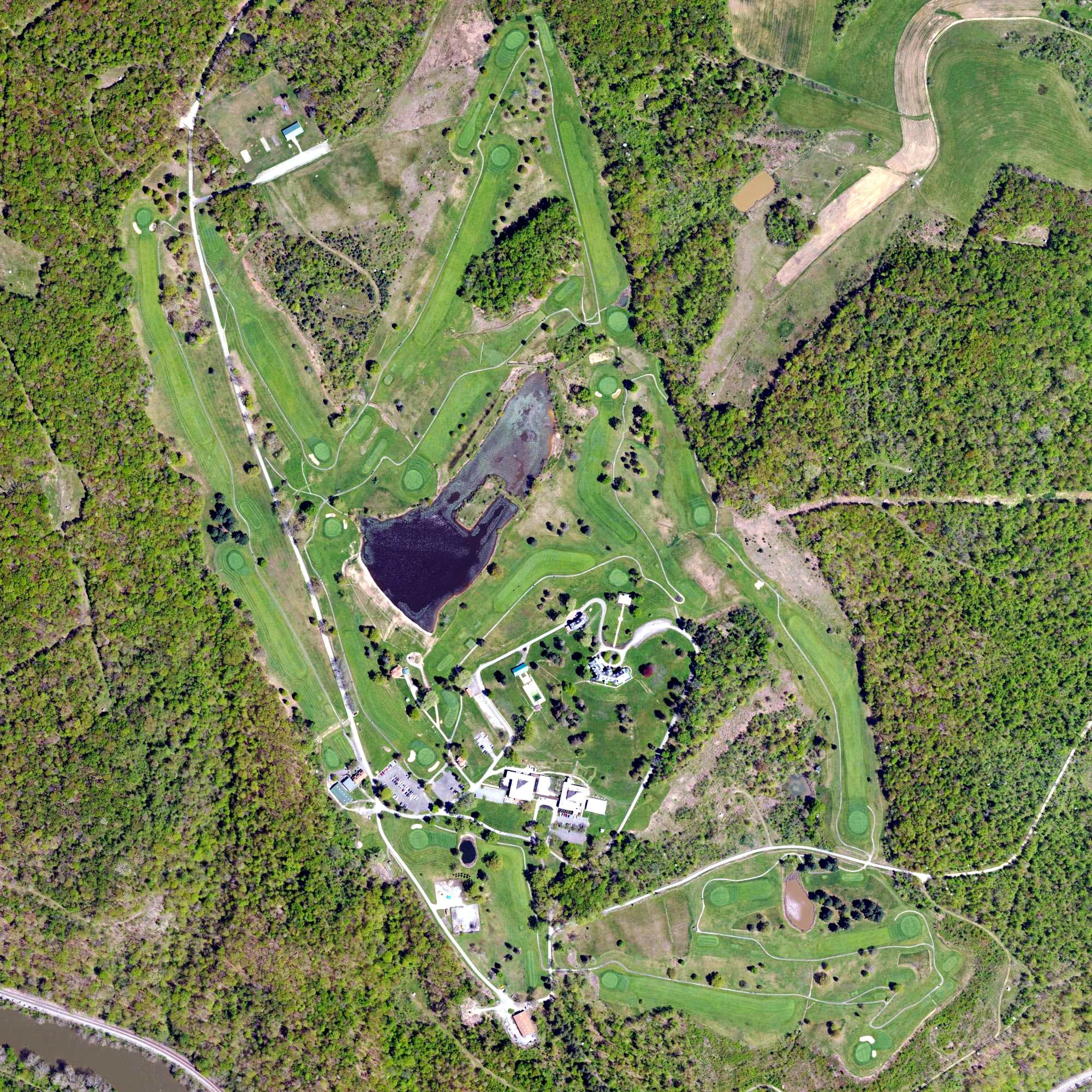 Aerial view of Linden Hall Country Club, PA, with its hole routing marked