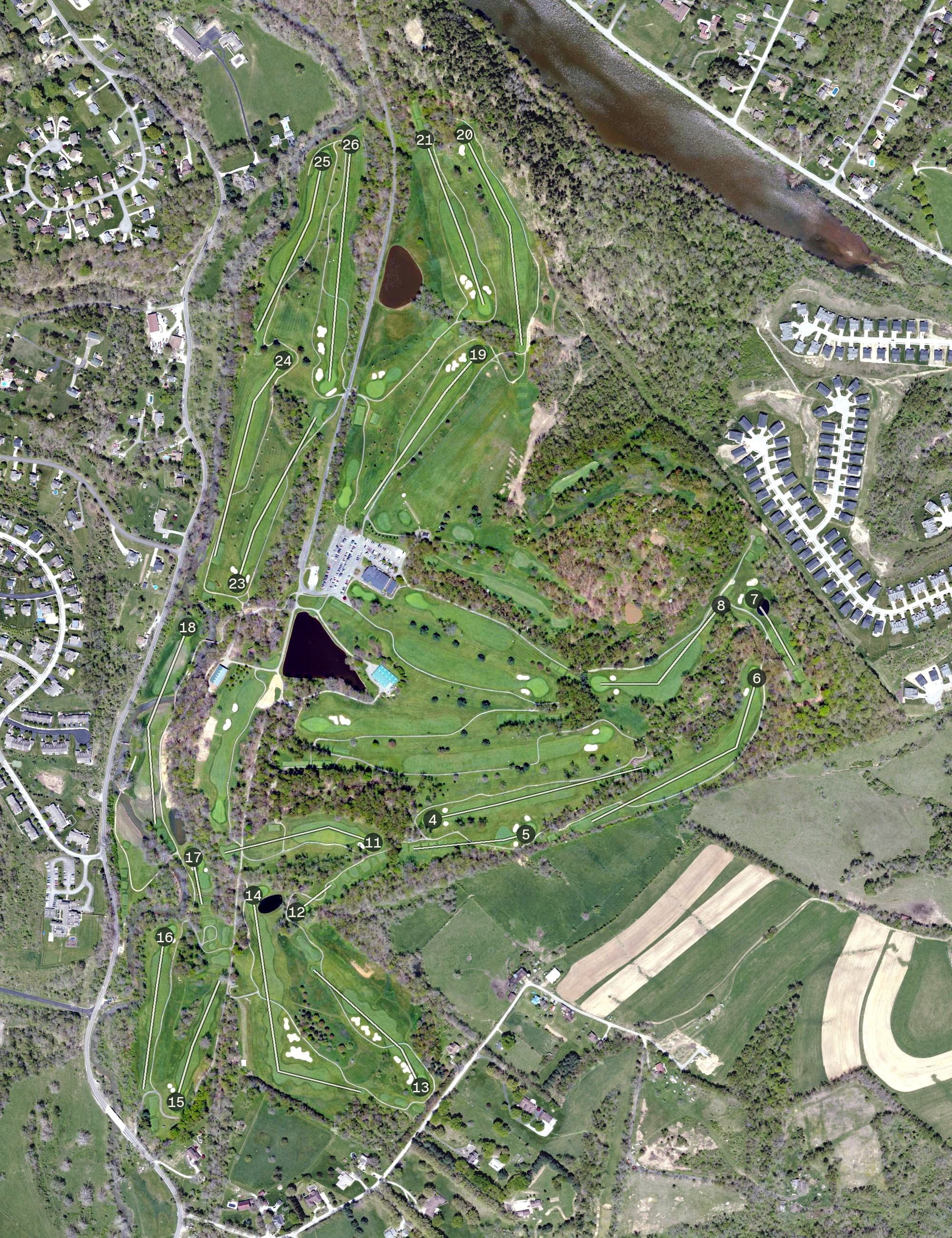 Aerial view of Lindenwood Golf Club, PA, with its hole routing marked