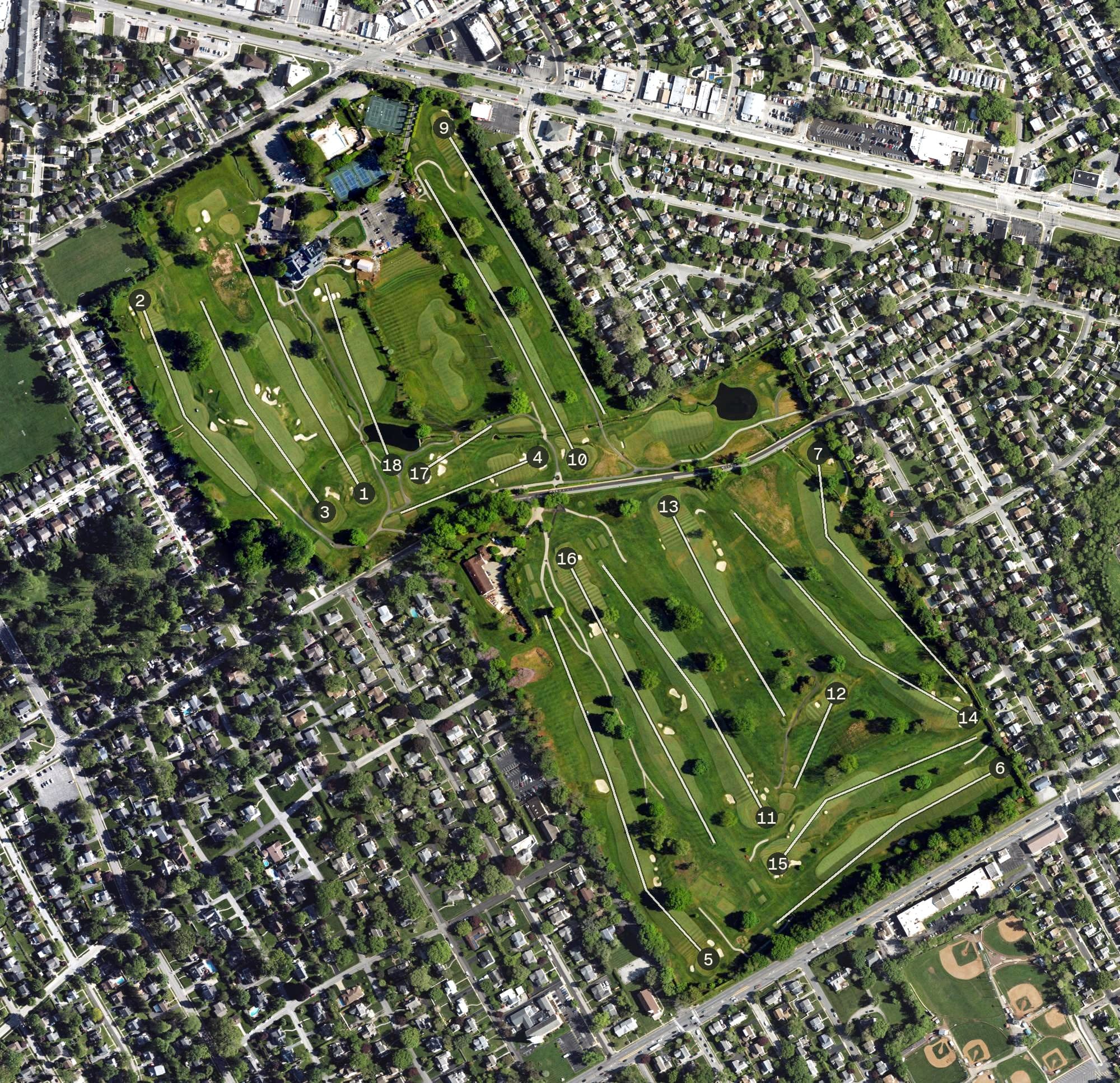 Aerial view of Llanerch Country Club, PA, with its hole routing marked