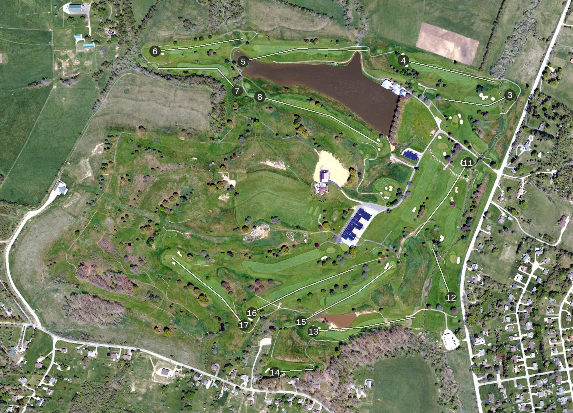 Aerial view of Lone Pine Country Club, PA, with its hole routing marked